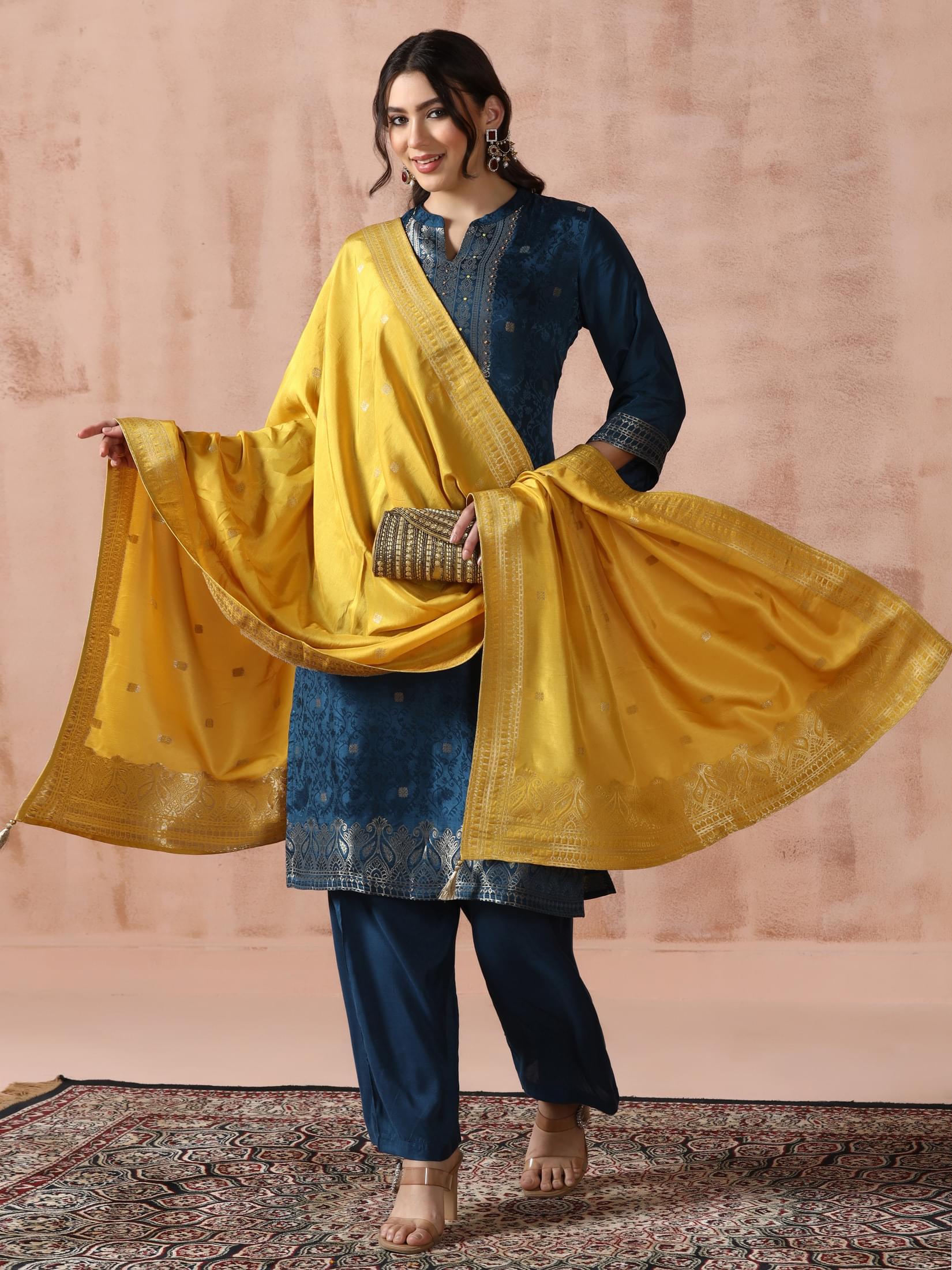 Women Dola Silk Jacquard Peacock Blue Woven Kurta Comfort Pant Dupatta.
