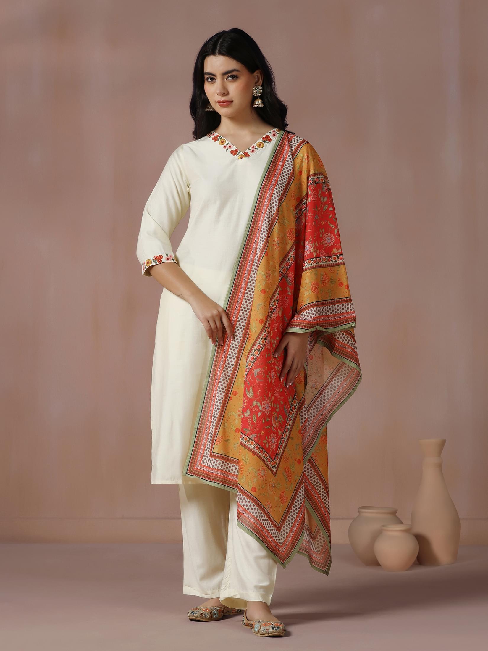 Off white refined embroidery poly viscose comfort silhouette dupatta suit