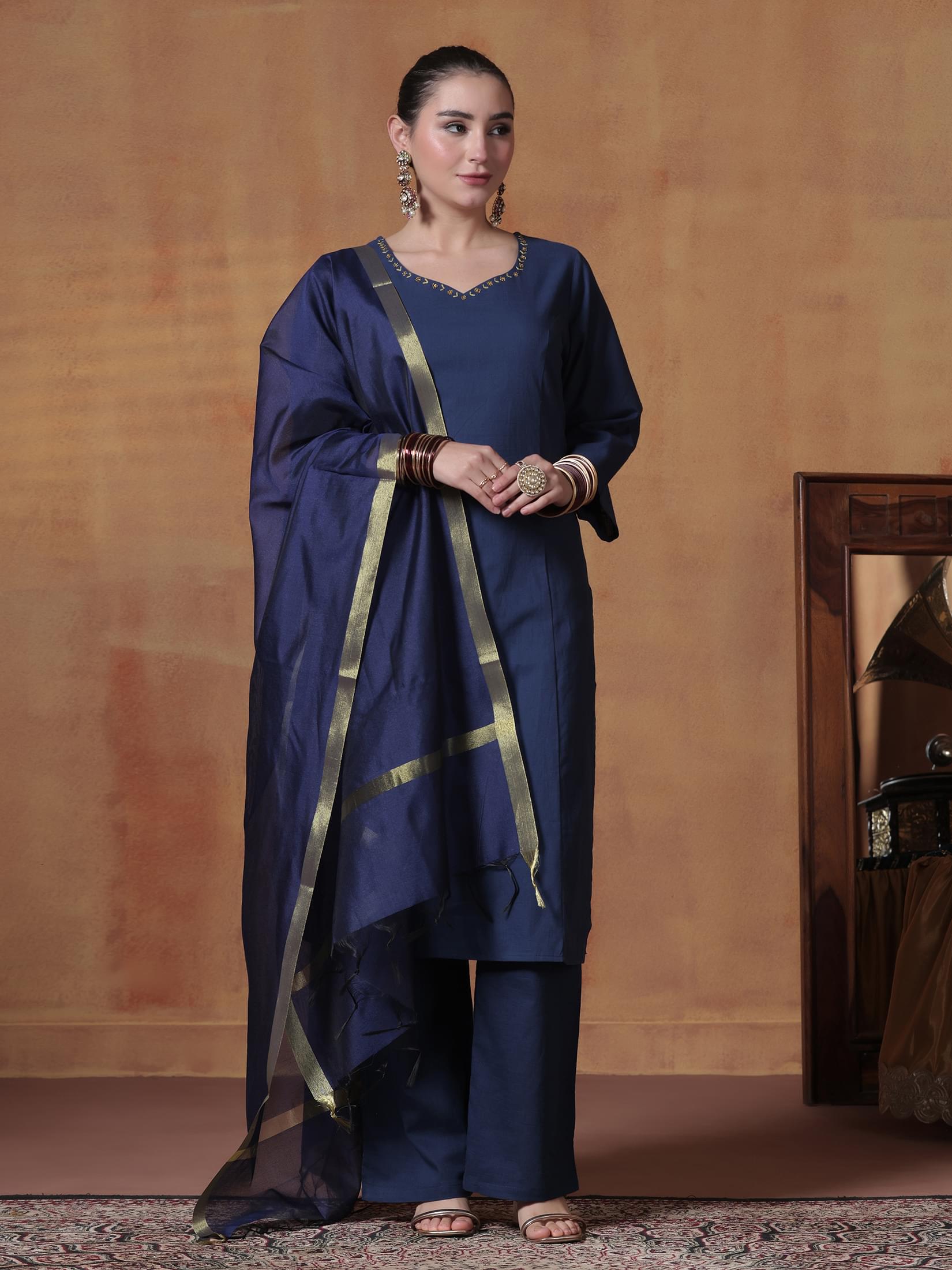 Classic navy blue solid pure cotton regular fit straight kurta pant set