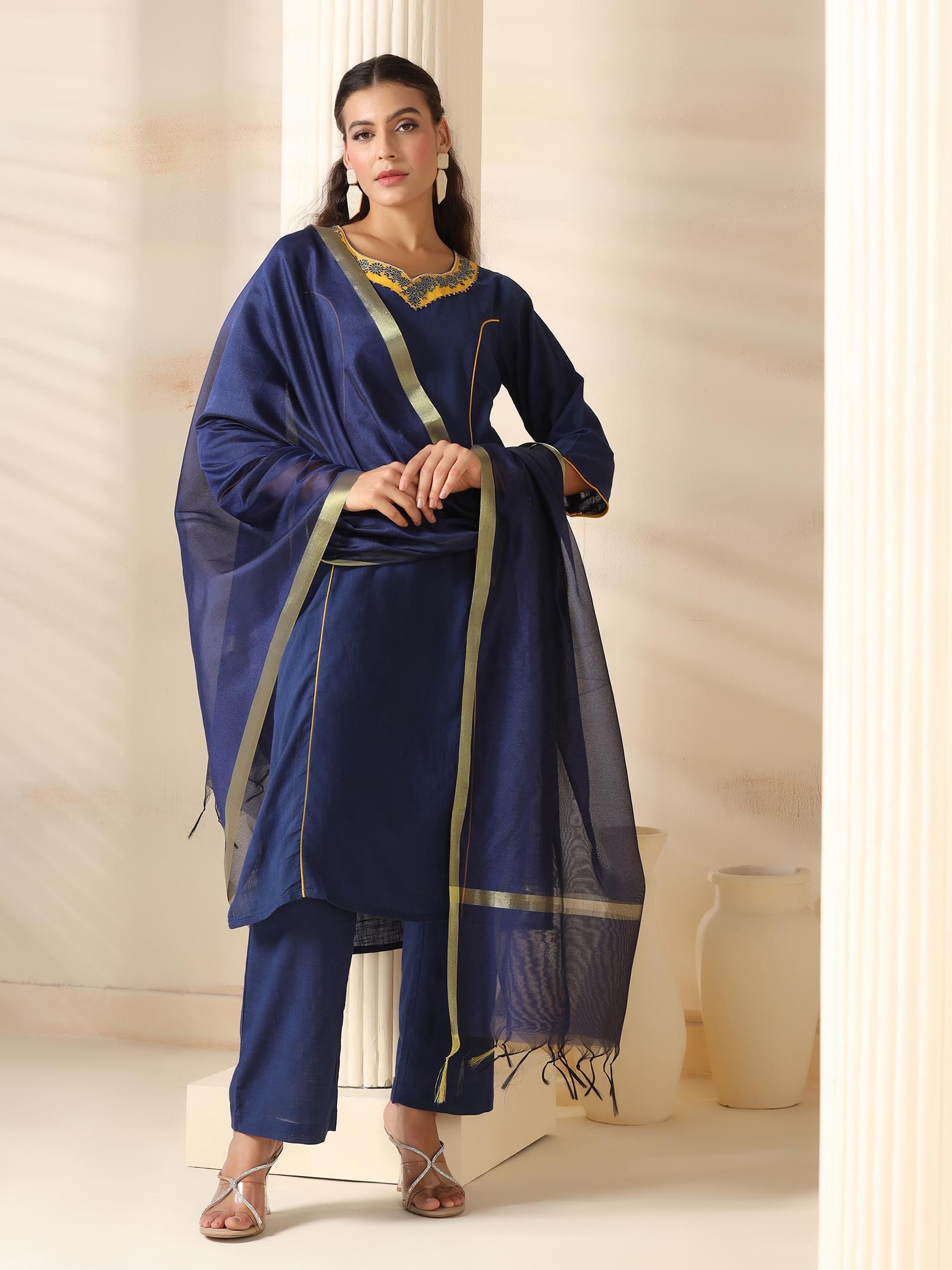 Navy blue solid essential pure cotton daily wear straight kurta pant set