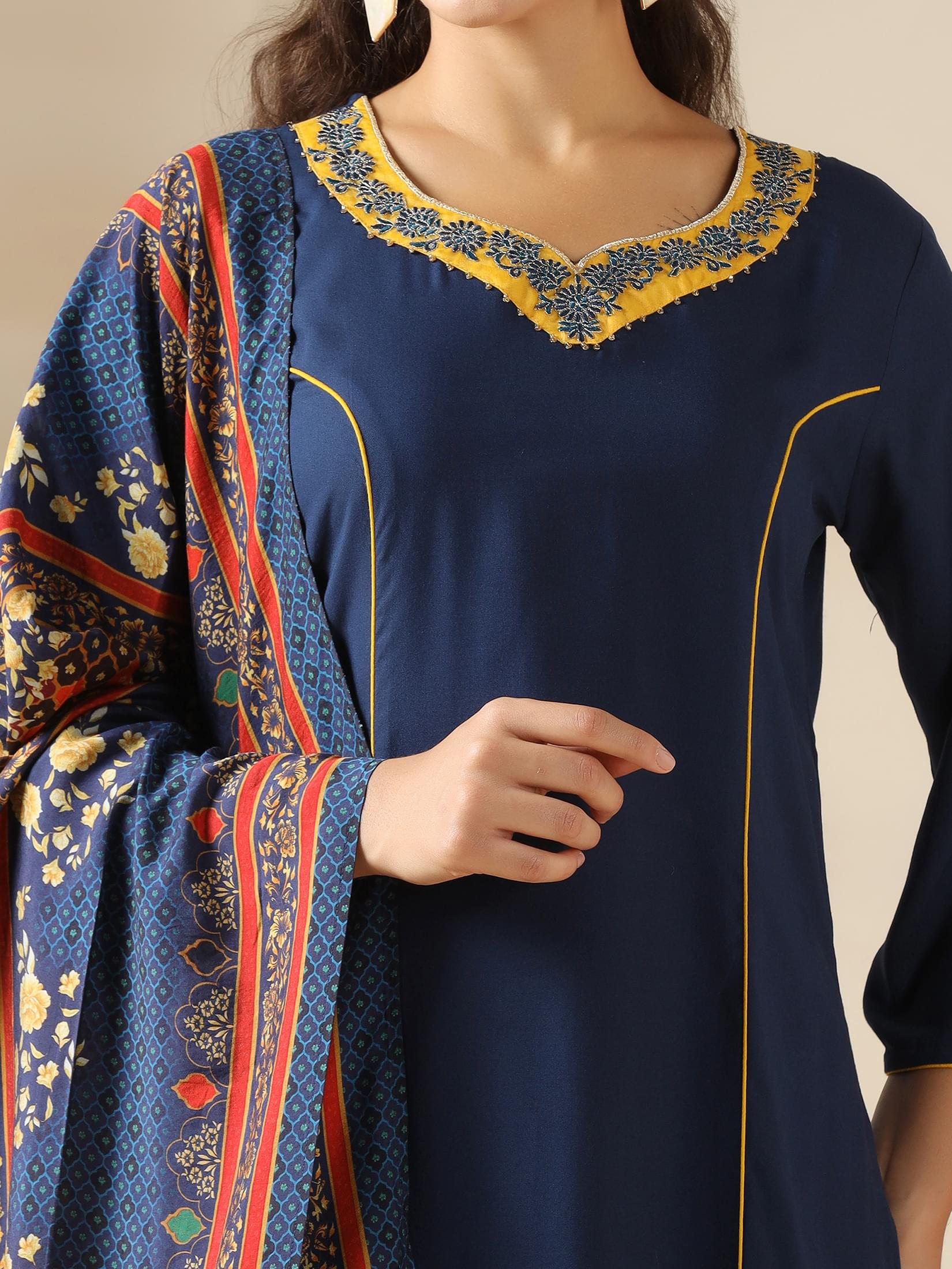 Women Liva Navy Blue Solid Kurta Comfort Pant Dupatta.