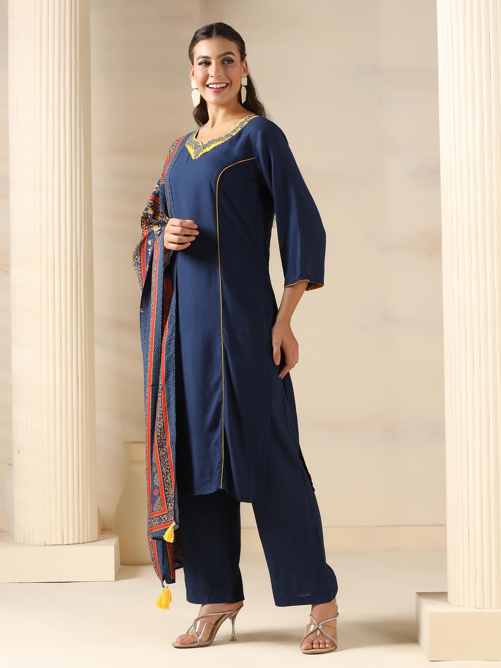 Women Liva Navy Blue Solid Kurta Comfort Pant Dupatta.