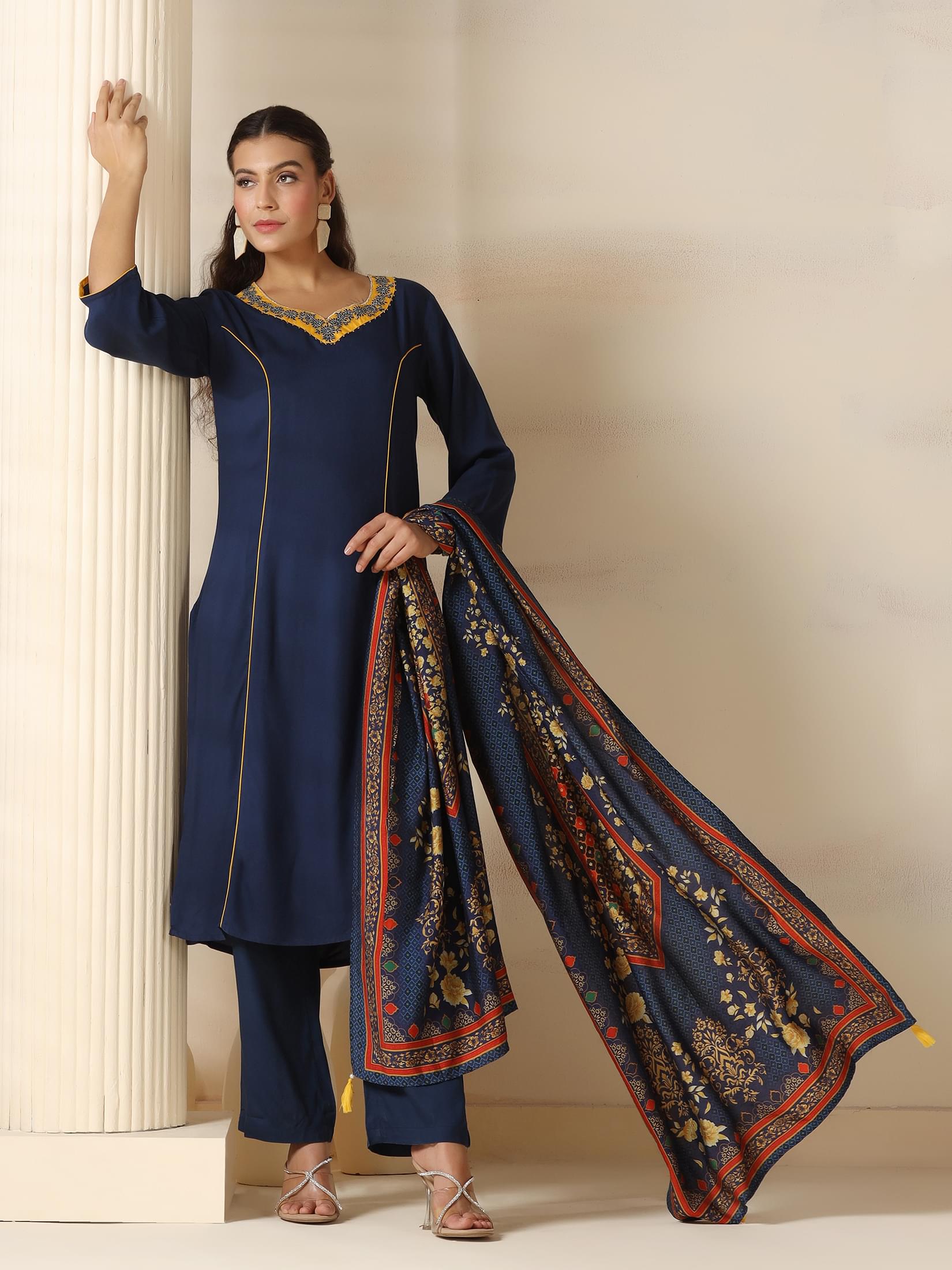 Deep navy blue minimalist solid Liva fabric everyday comfortable trousers suit
