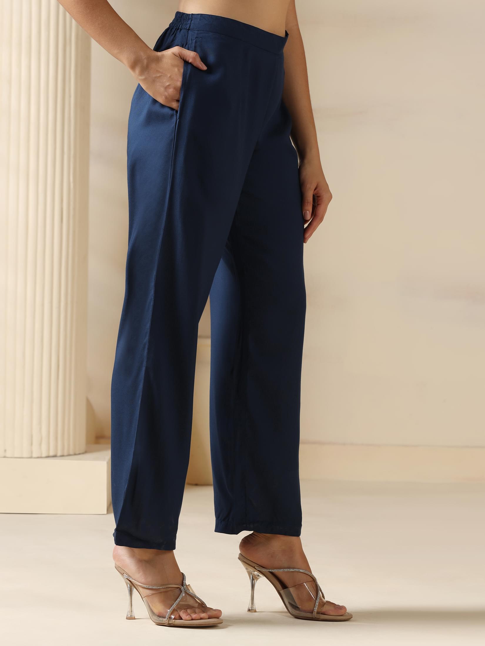 Women Liva (Rayon) Navy Blue Solid Kurta Comfort Pant Dupatta.