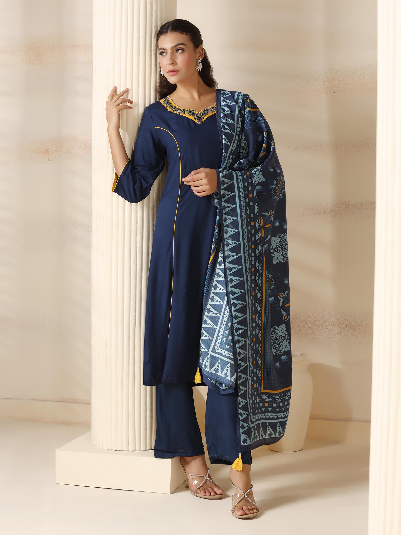 Navy blue basic solid Liva rayon soft touch regular fit dupatta suit