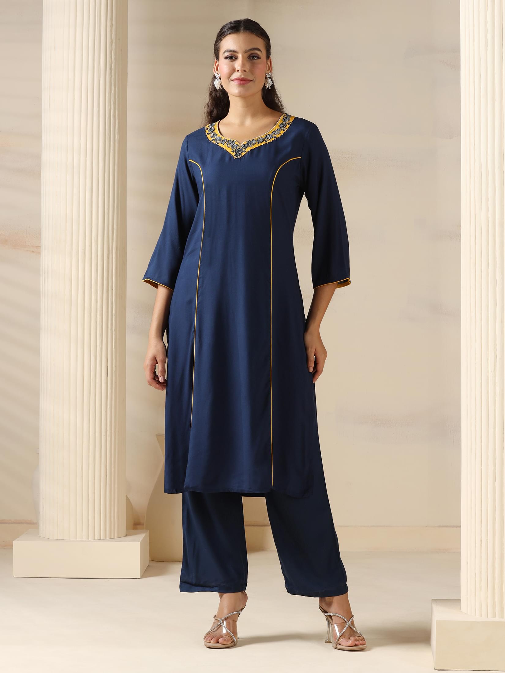 Women Liva (Rayon) Navy Blue Solid Kurta Comfort Pant Dupatta.