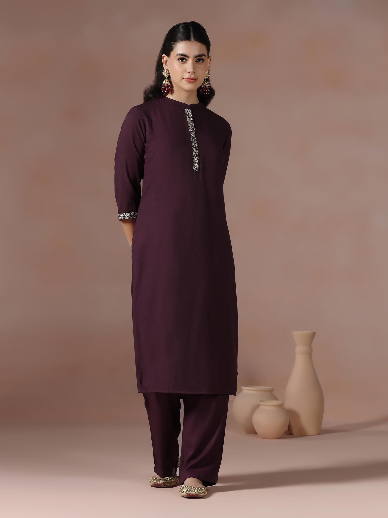 Women Poly Viscose Burgundy Embroidered Kurta Comfort Pant Dupatta.