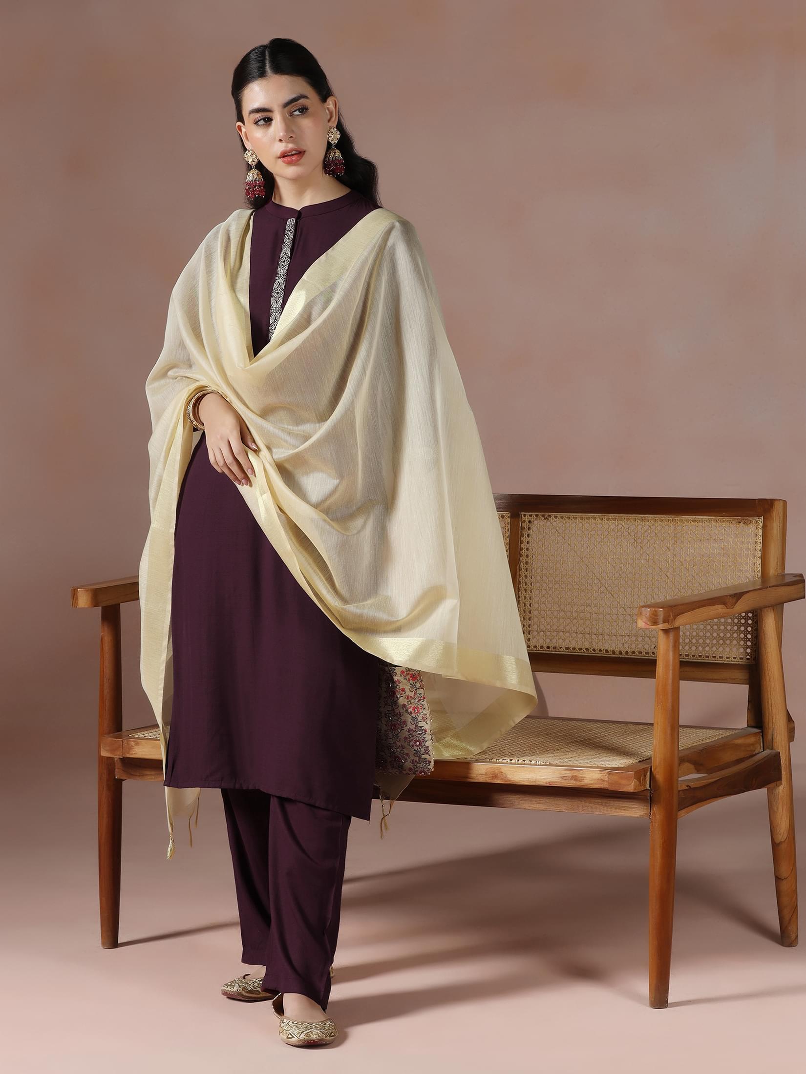 Rich burgundy embroidered poly viscose formal wear straight line suit set
