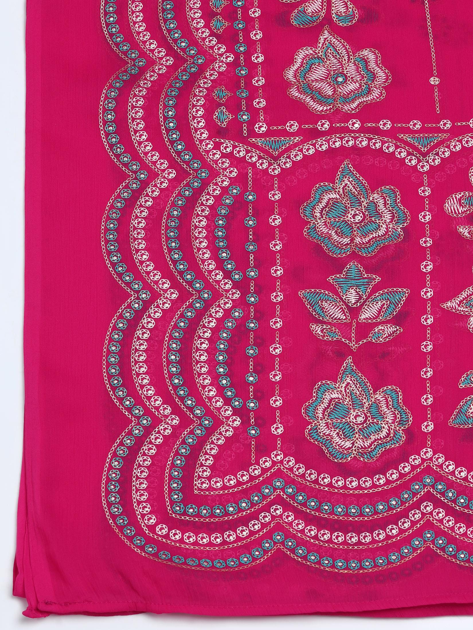 Women Liva Viscose Fuchsia Embroidered Kurta Comfort Pant Dupatta.