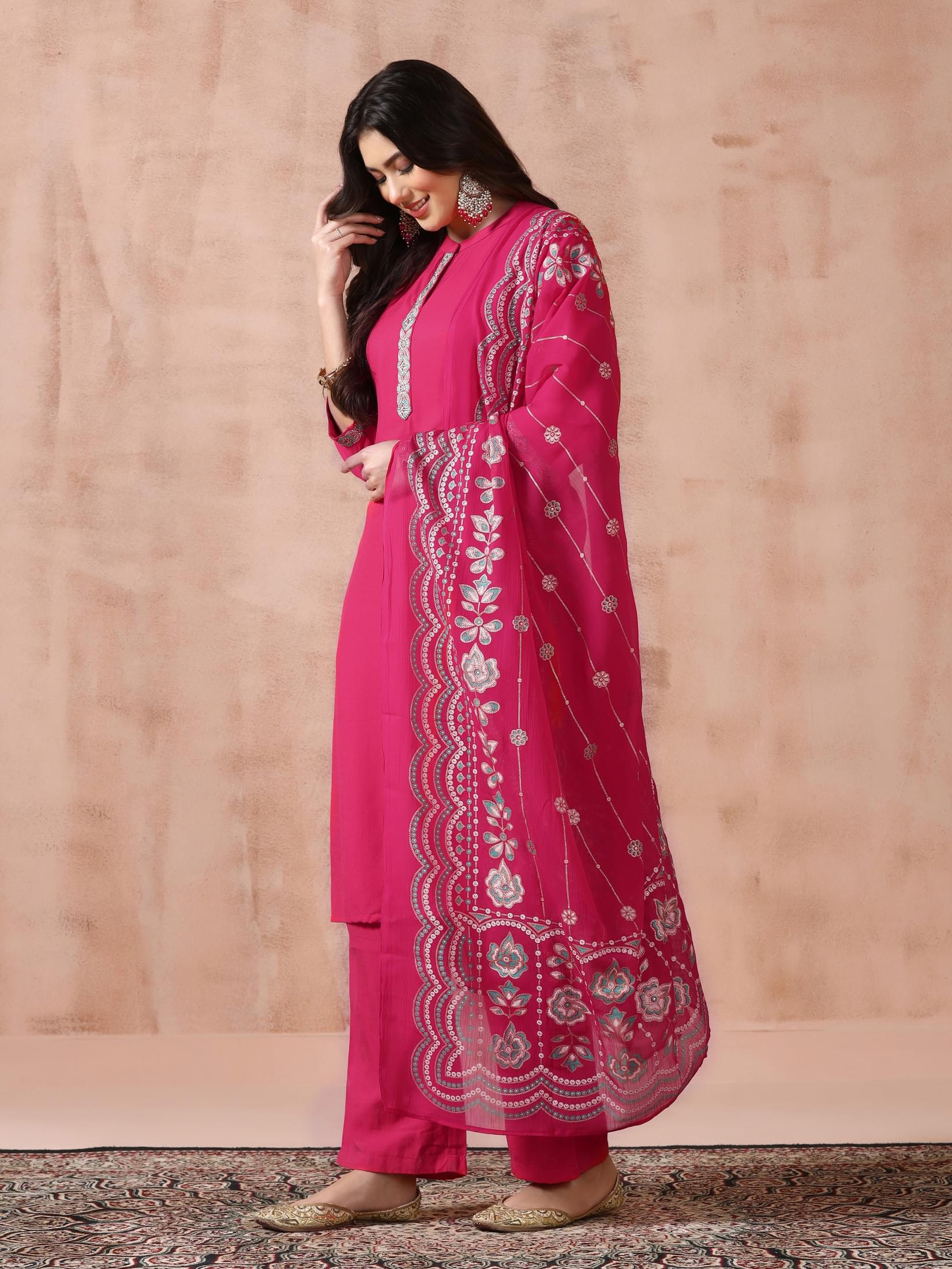 Women Liva Viscose Fuchsia Embroidered Kurta Comfort Pant Dupatta.