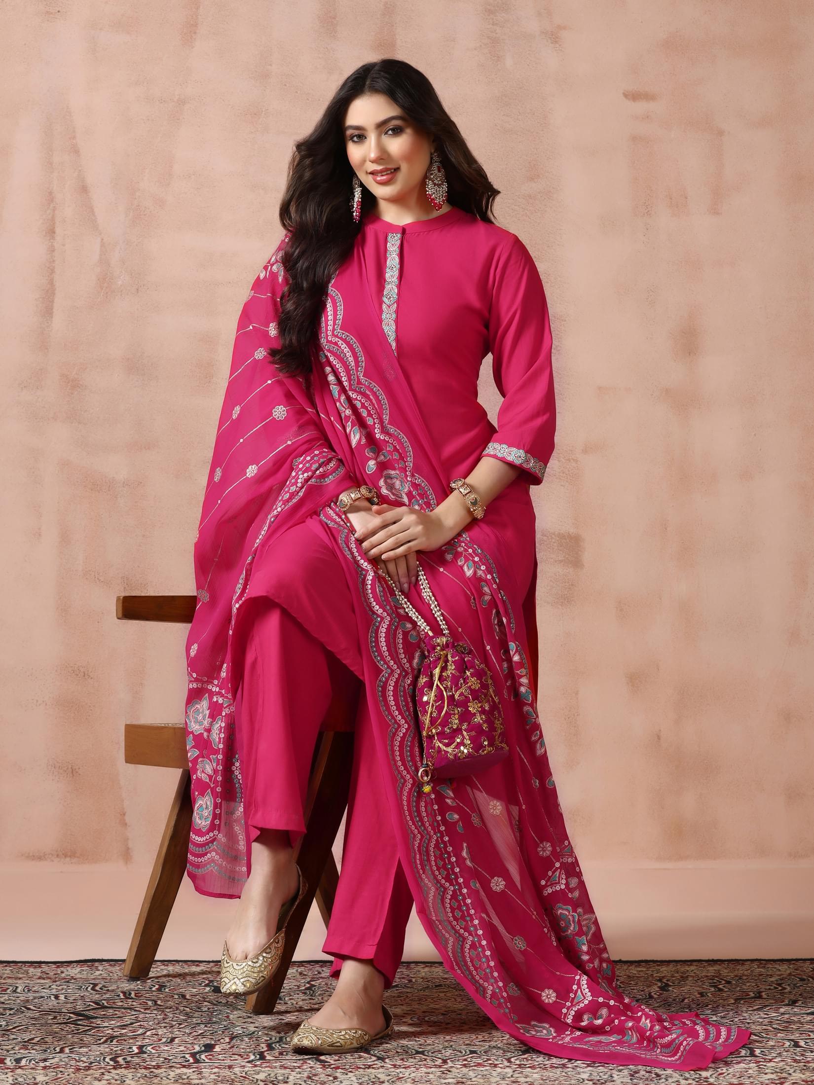 Fuchsia pink detailed embroidery Liva viscose premium traditional suit set