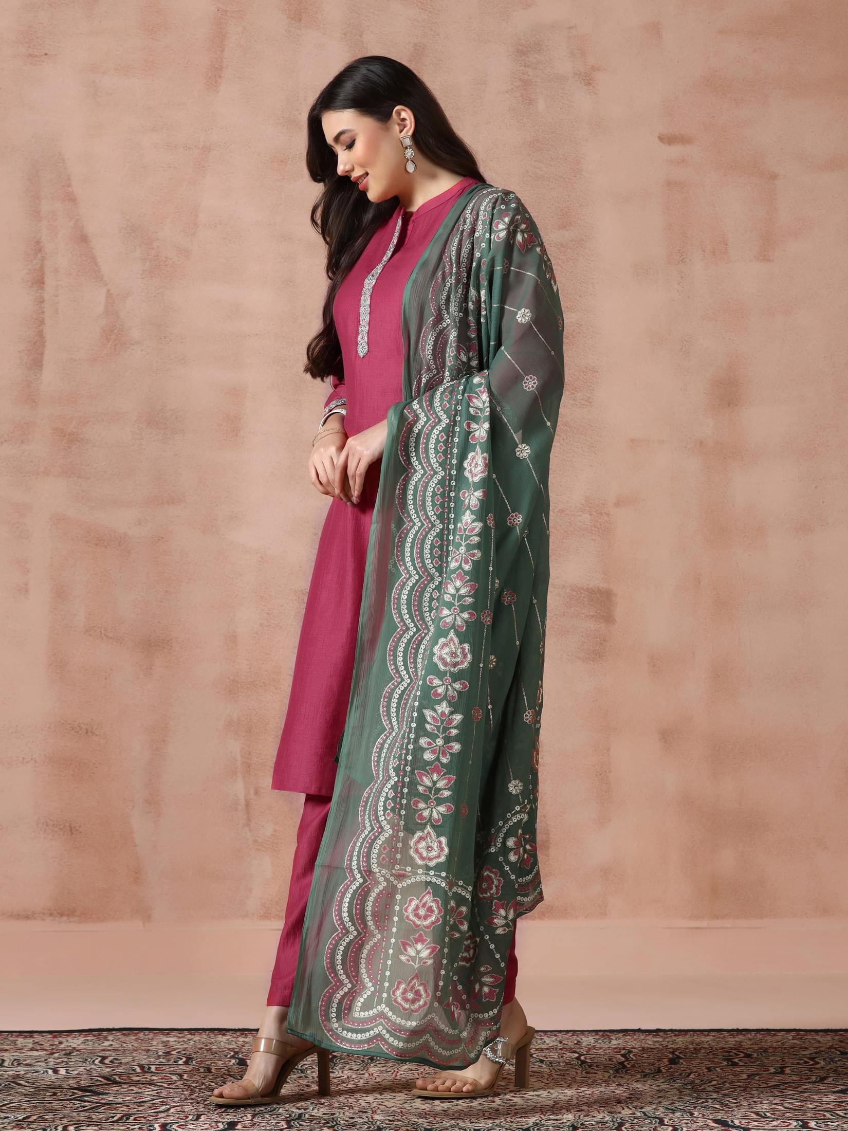 Women Liva Viscose Pink Embroidered Kurta Comfort Pant Dupatta.