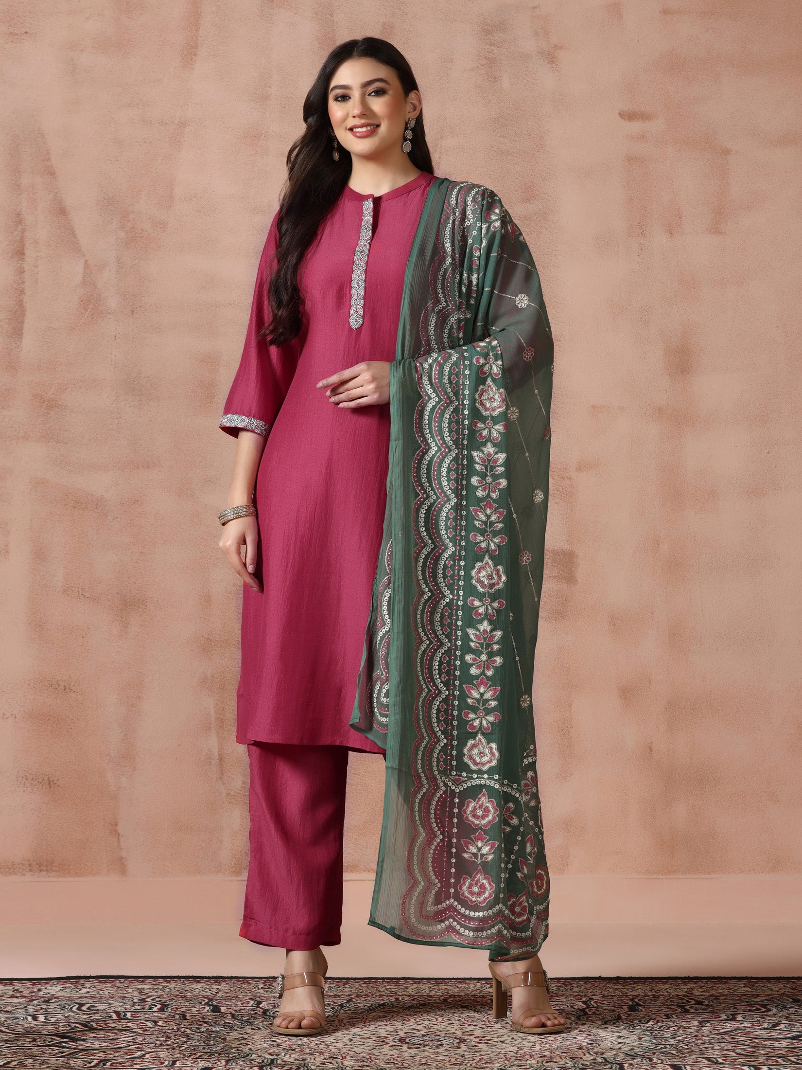 Women Liva Viscose Pink Embroidered Kurta Comfort Pant Dupatta