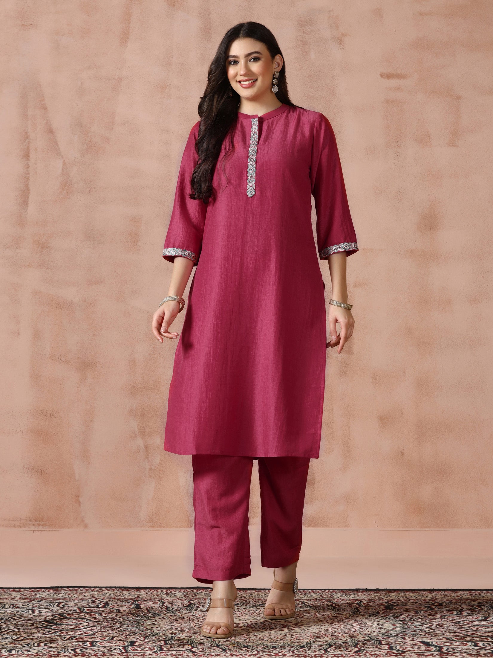 Women Liva Viscose Pink Embroidered Kurta Comfort Pant Dupatta