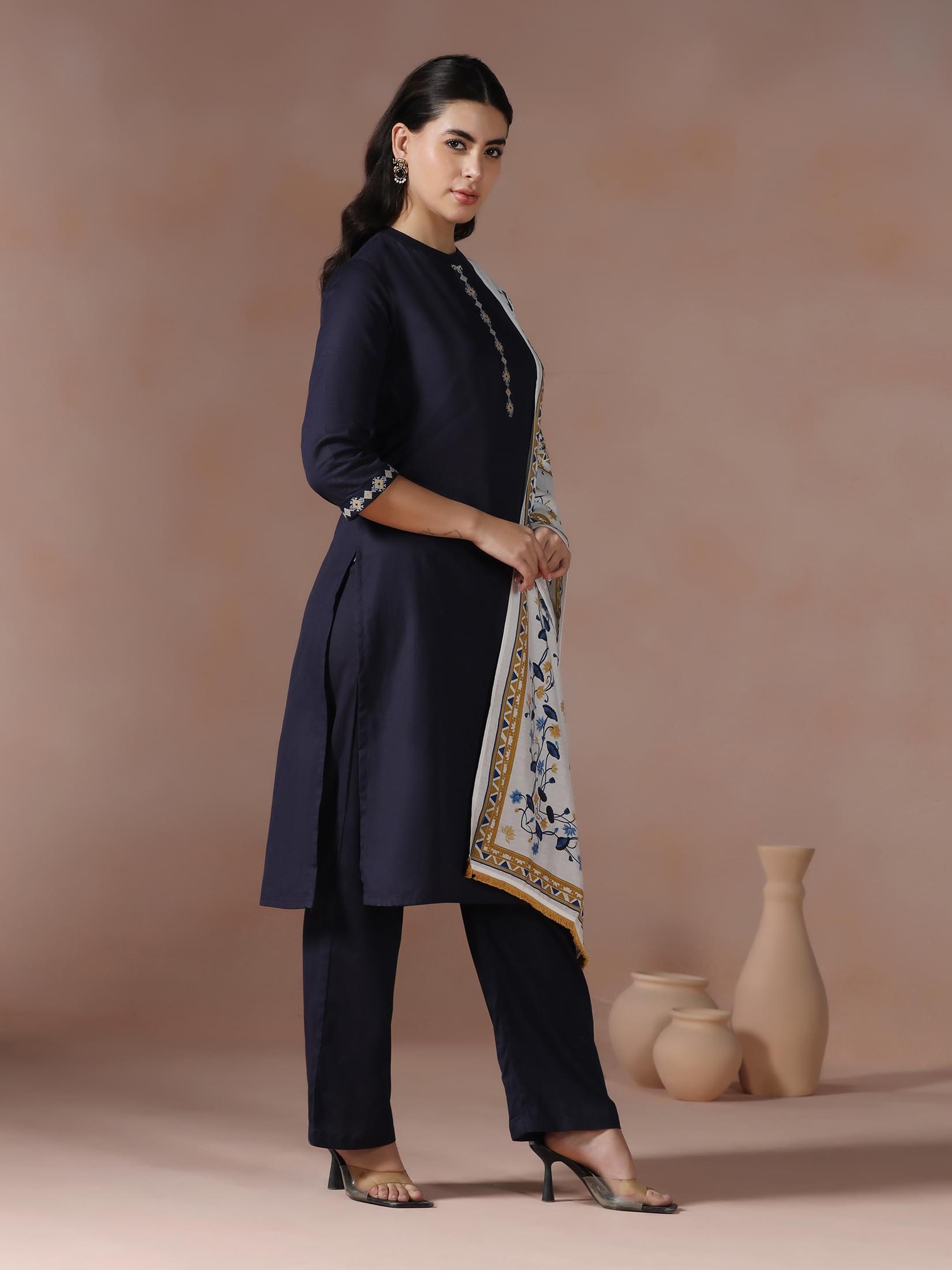 Women Cotton Navy Blue Embroidered Kurta Comfort Pant Dupatta.
