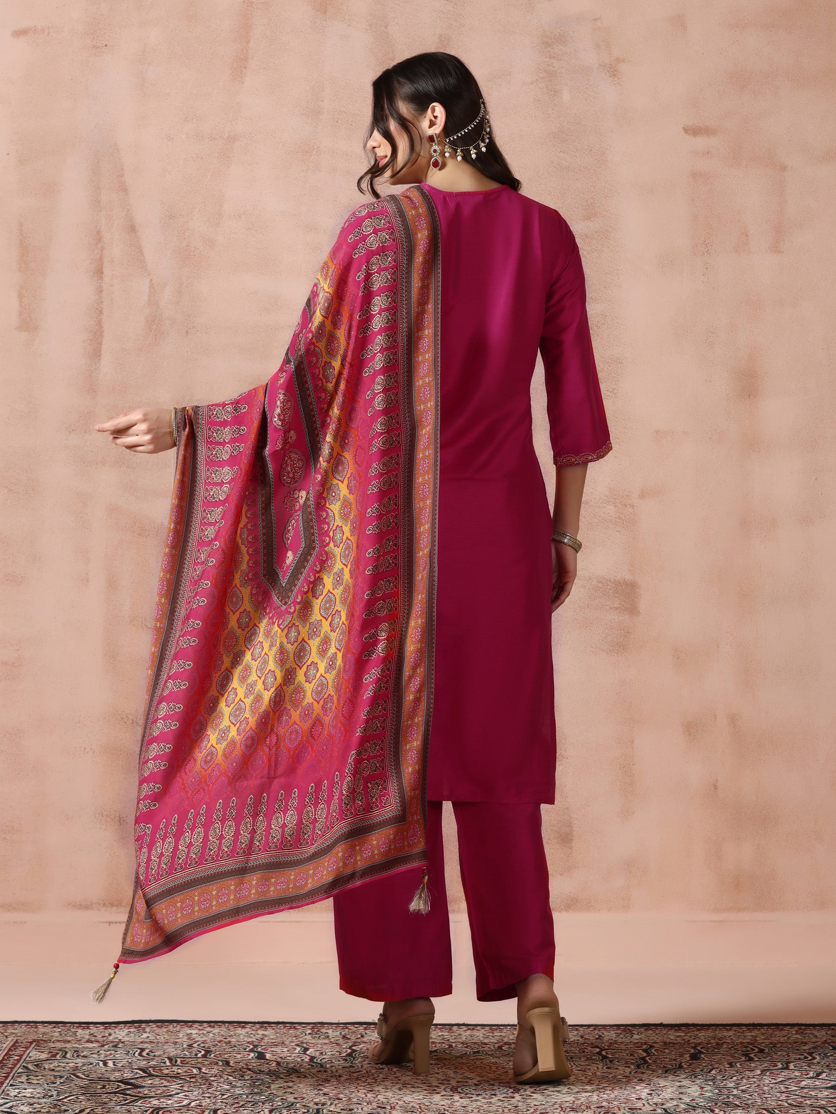 Women Fuchsia Silk Blend Embroidered Kurta Comfort Pant Dupatta