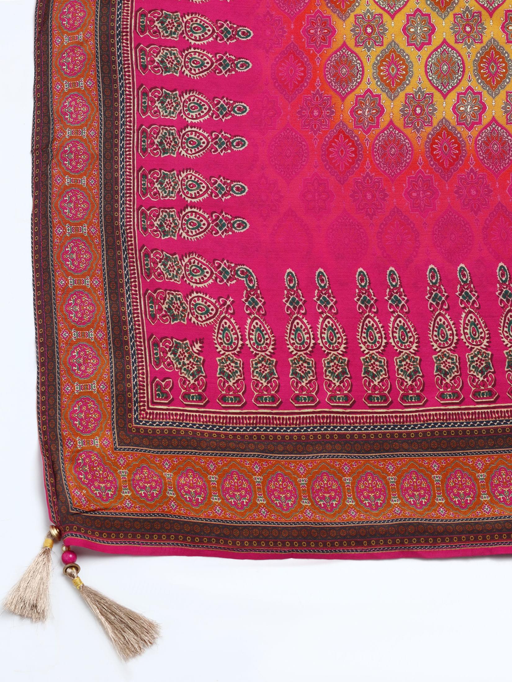 Women Fuchsia Silk Blend Embroidered Kurta Comfort Pant Dupatta.