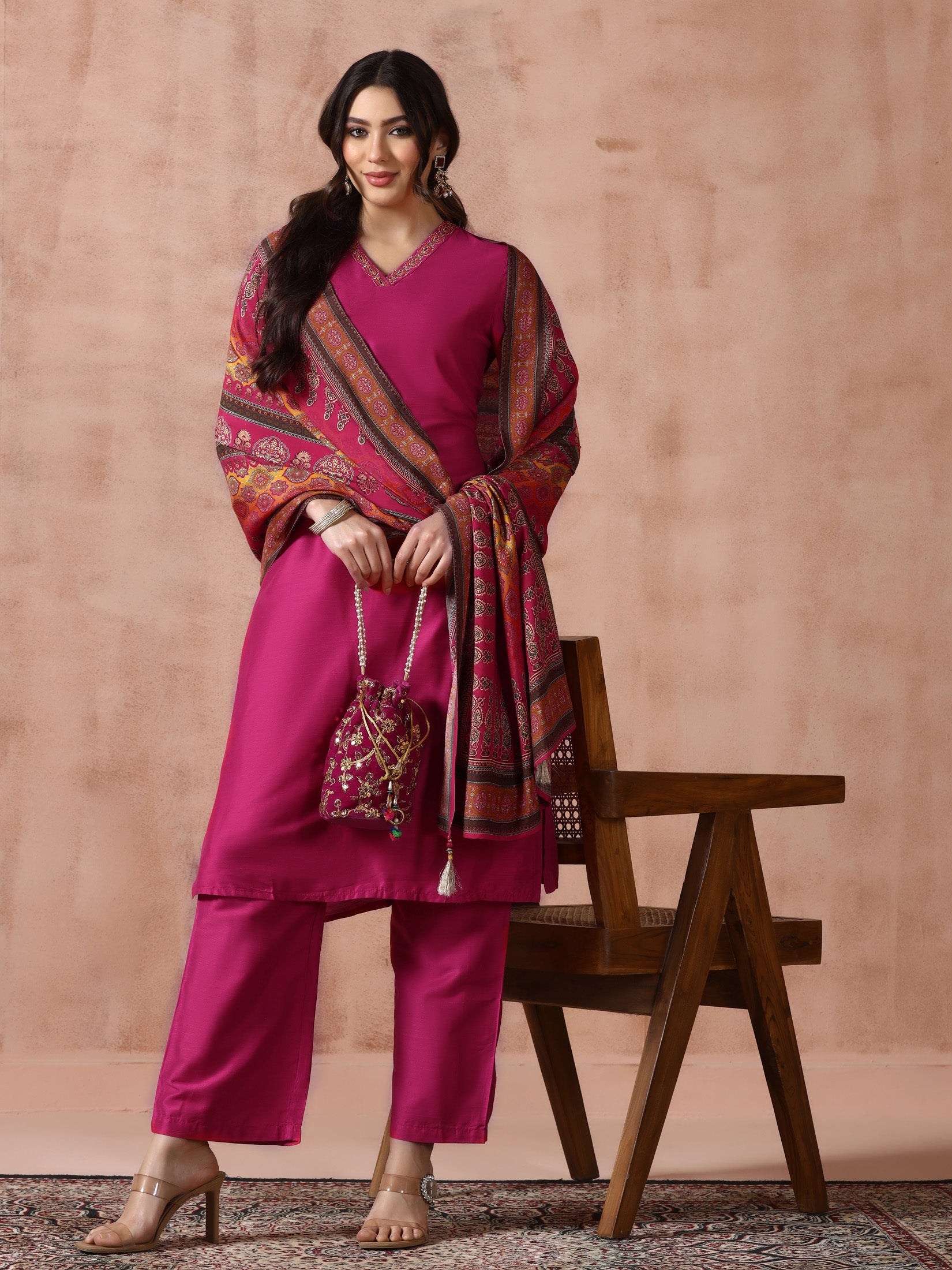 Women Fuchsia Silk Blend Embroidered Kurta Comfort Pant Dupatta