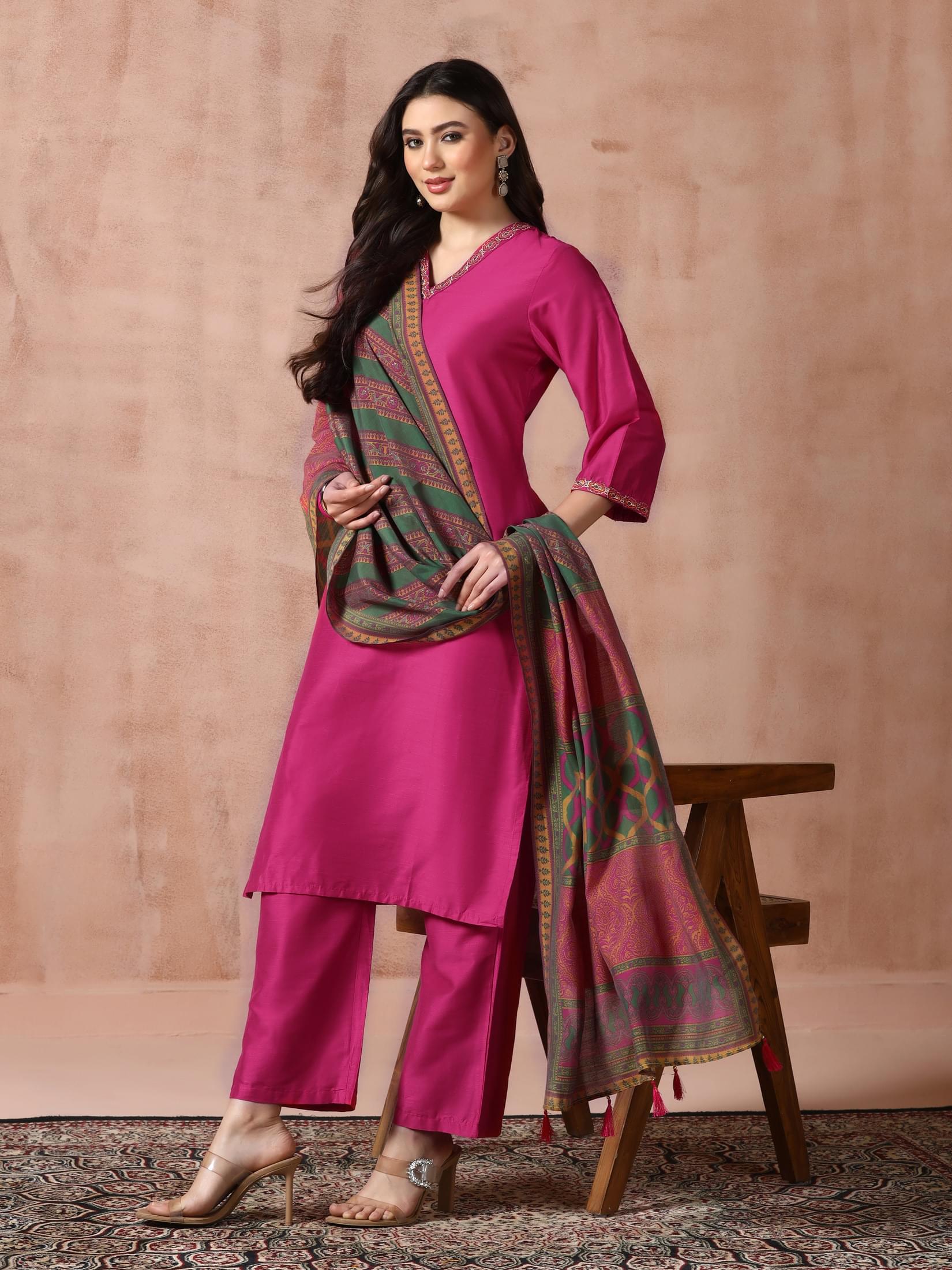 Hot pink embroidered silk blend party wear sophisticated straight suit