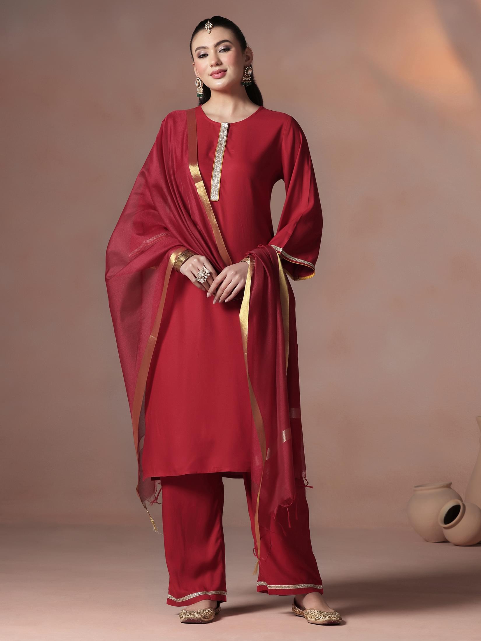 Crimson red solid tone Liva fabric timeless regular fit traditional suit