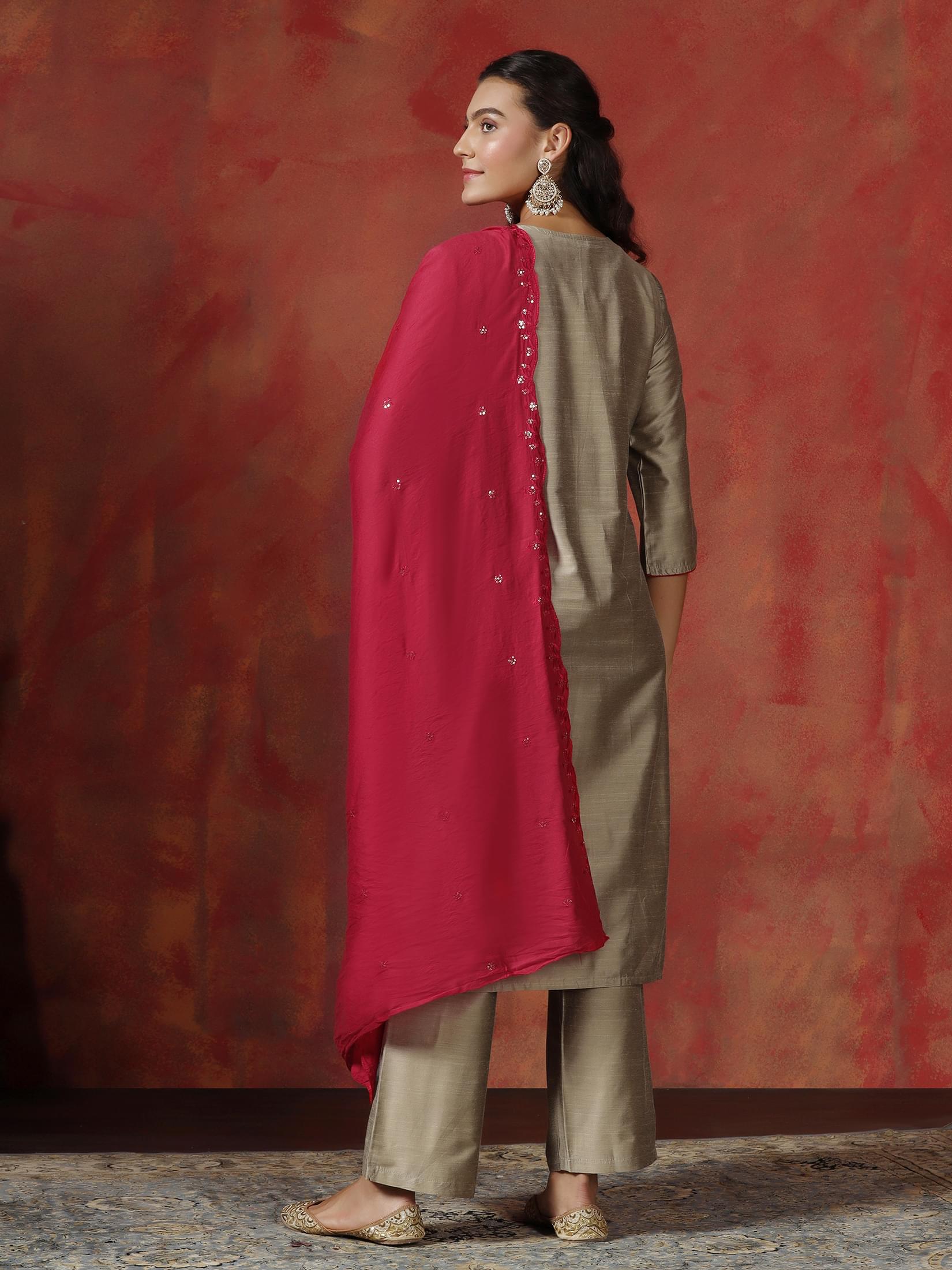 Women Silk Blend Beige Embroidered Kurta Comfort Pant Dupatta.