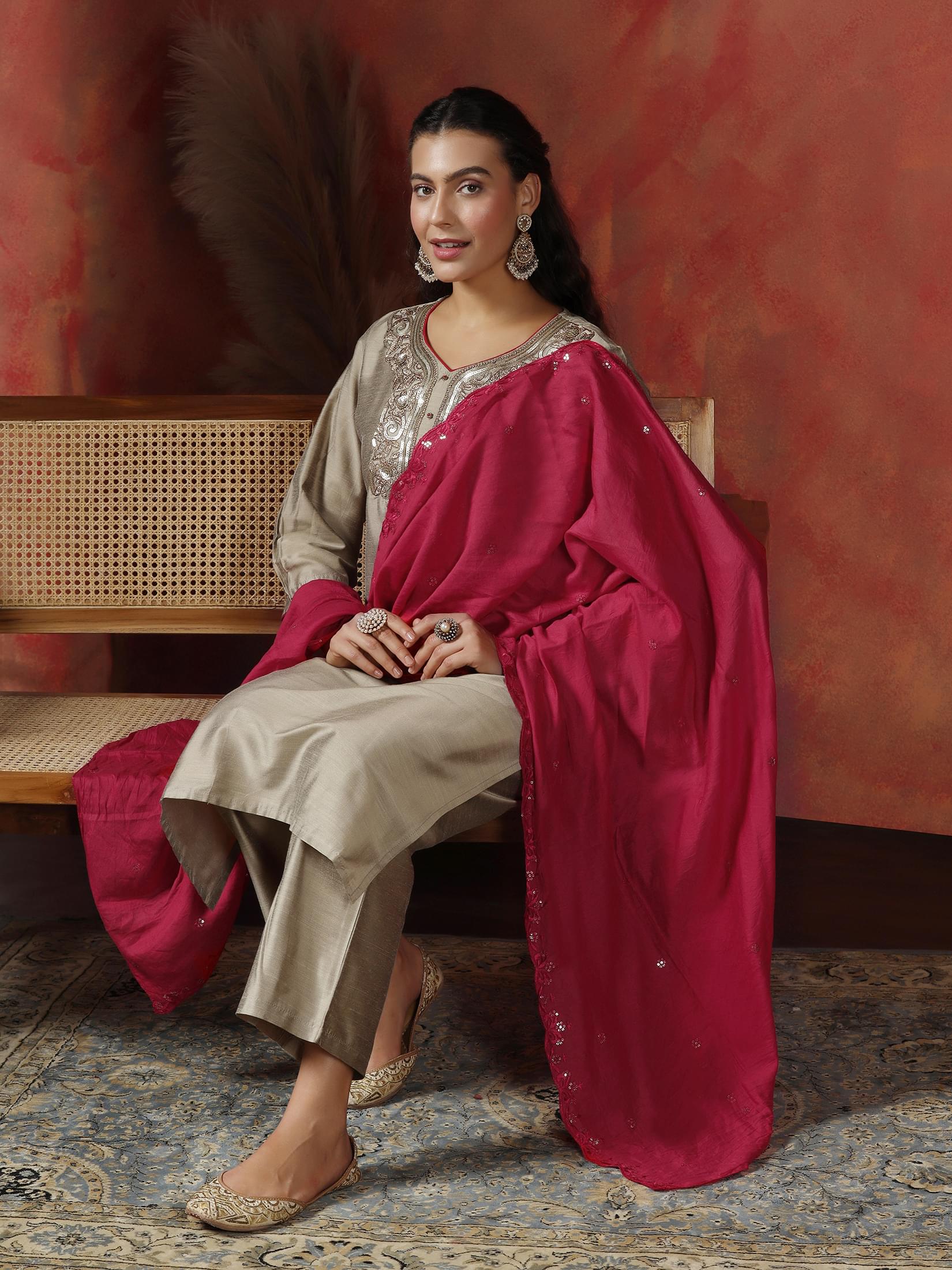 Women Silk Blend Beige Embroidered Kurta Comfort Pant Dupatta.