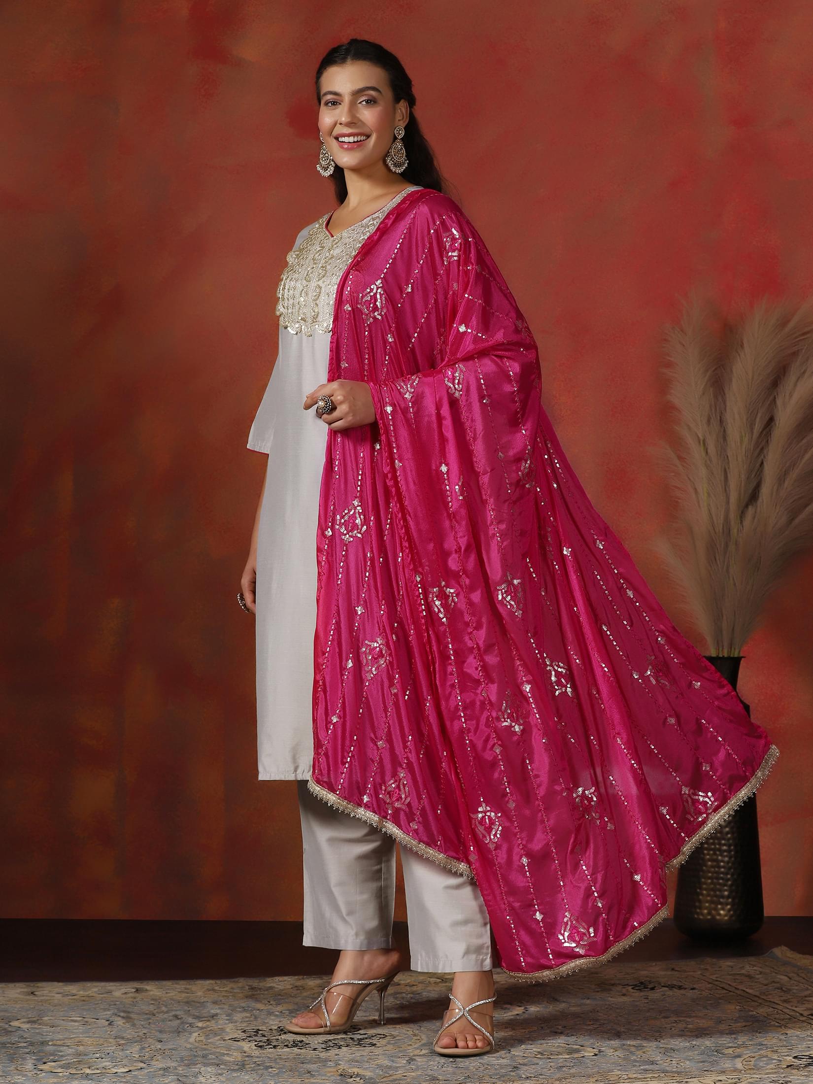 Women Silk Blend Grey Embroidered Kurta Comfort Pant Dupatta.