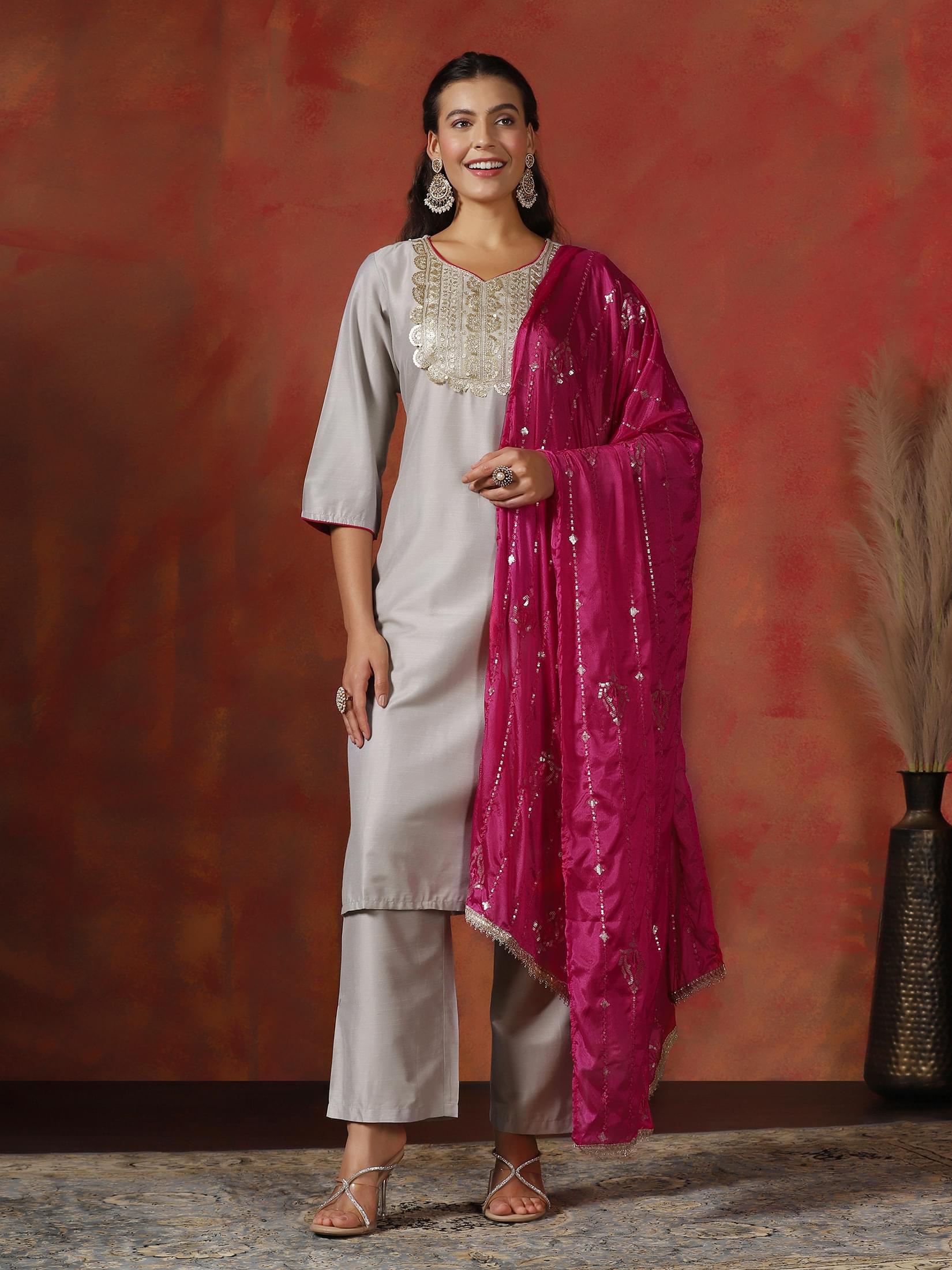 Slate grey embroidered premium silk blend elegant office wear suit set