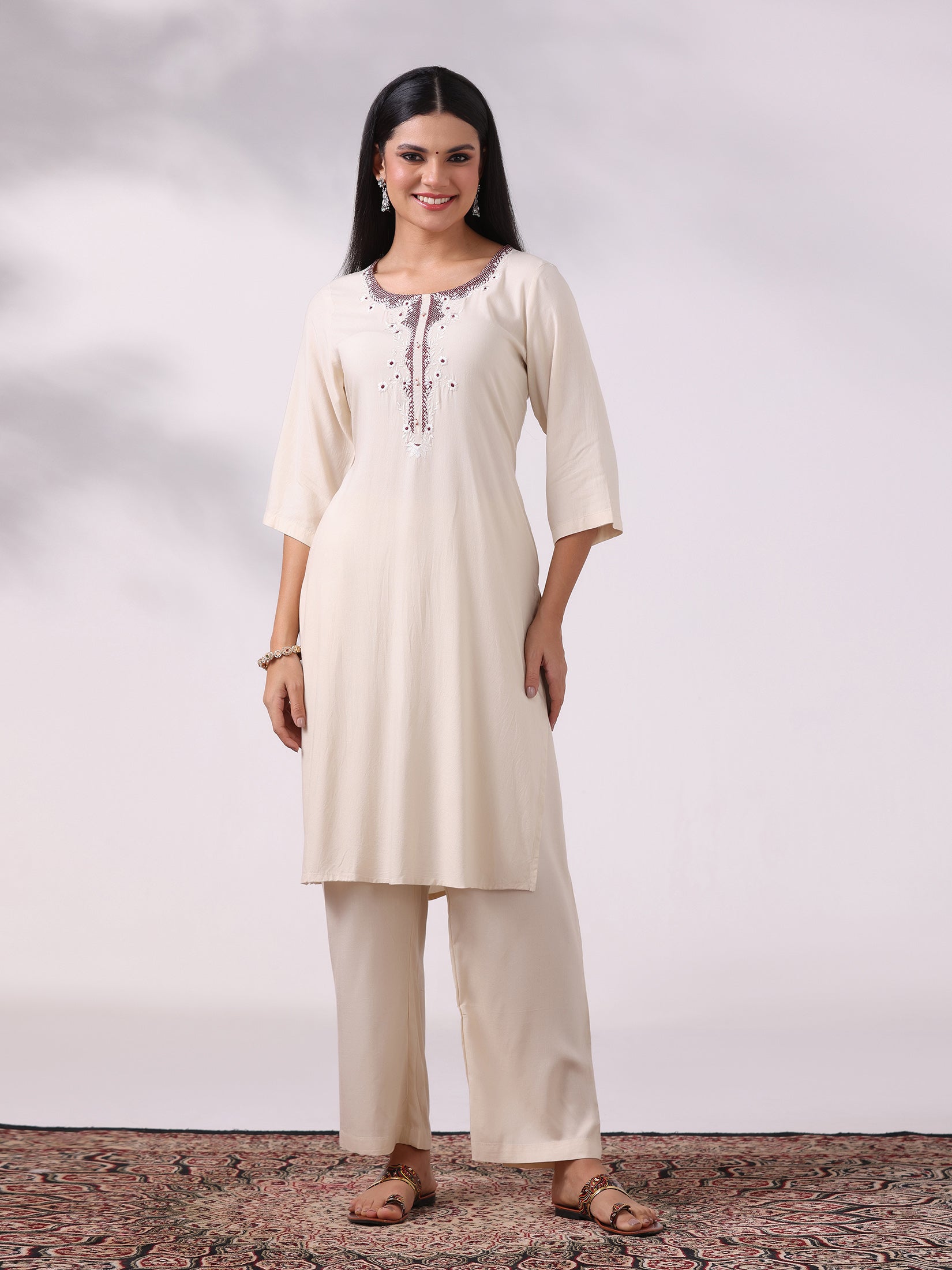 Women Liva Off White Embroidered Kurta Comfort Pant Dupatta