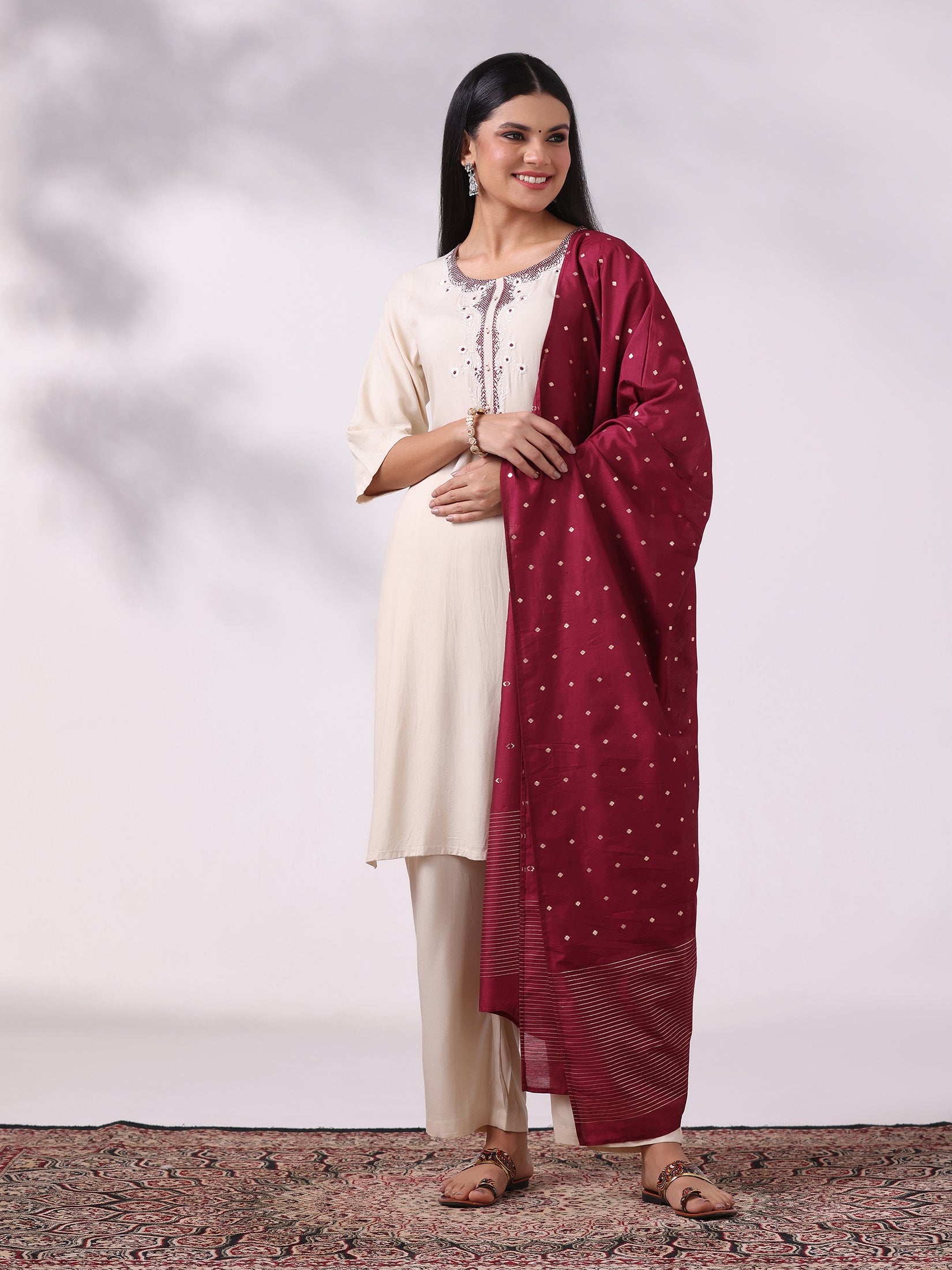 Women Liva Off White Embroidered Kurta Comfort Pant Dupatta