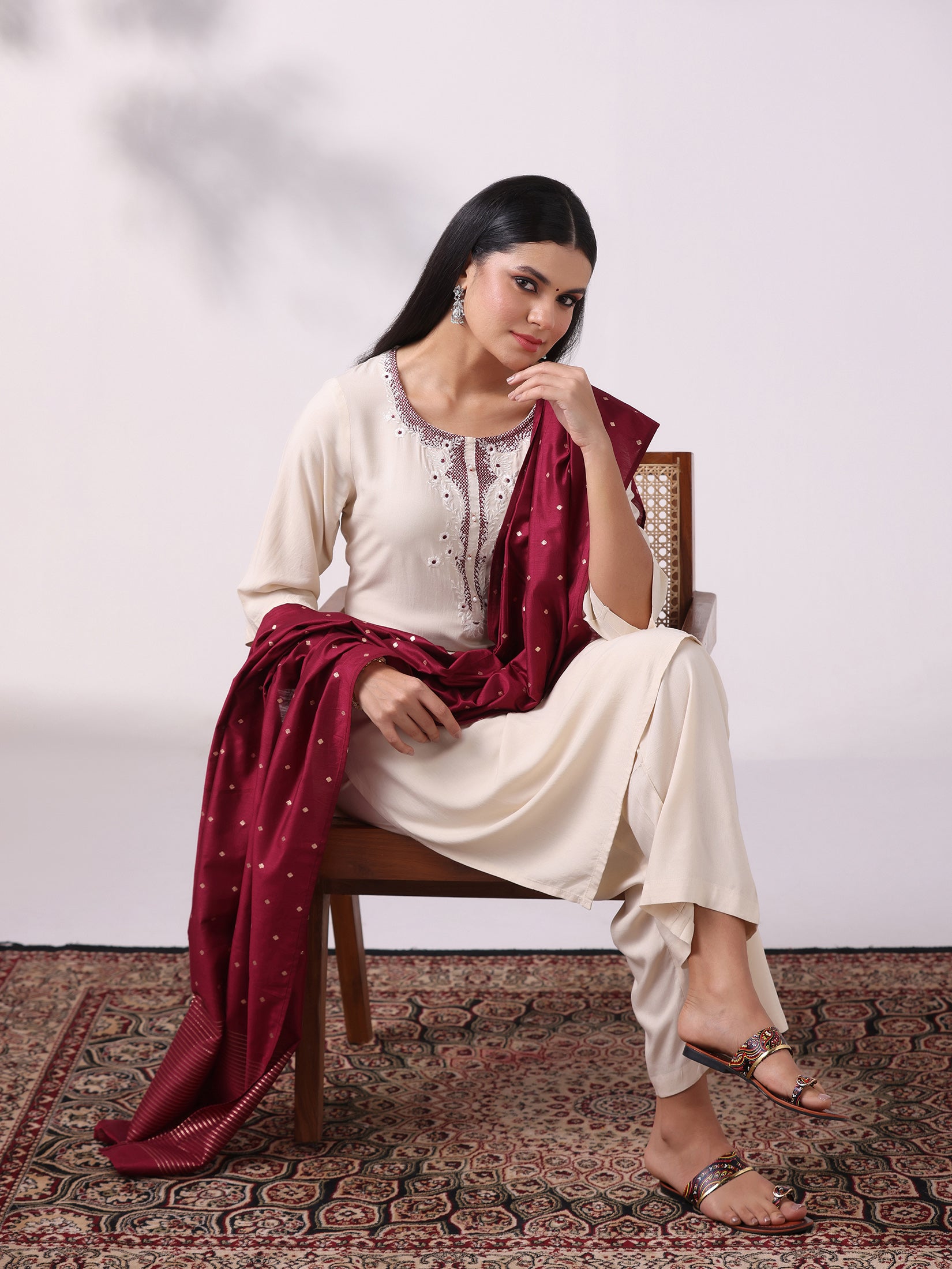 Women Liva Off White Embroidered Kurta Comfort Pant Dupatta