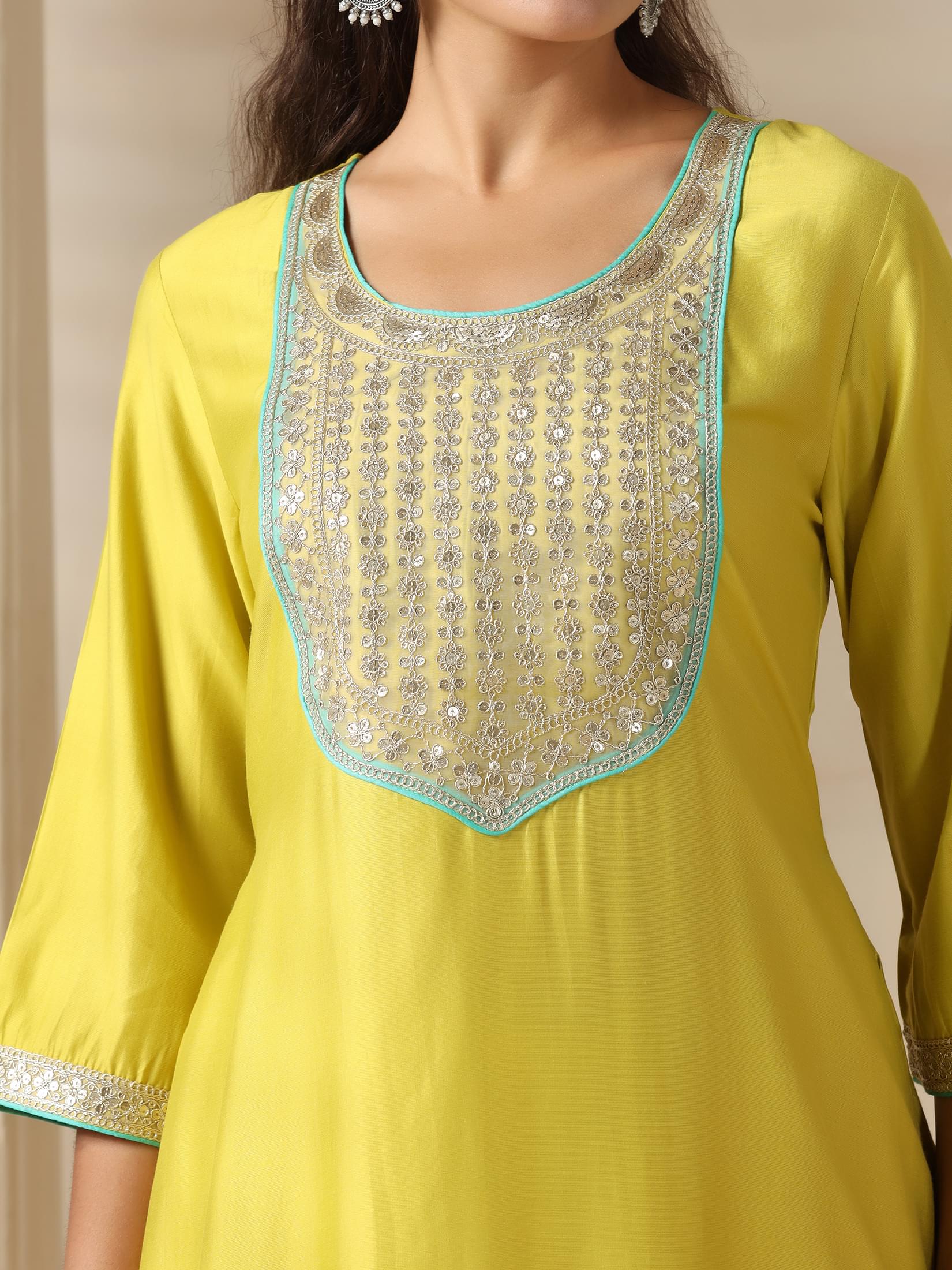 Women Liva Lemon Yellow Embroidered Kurta Comfort Pant Jacquard Dupatta.