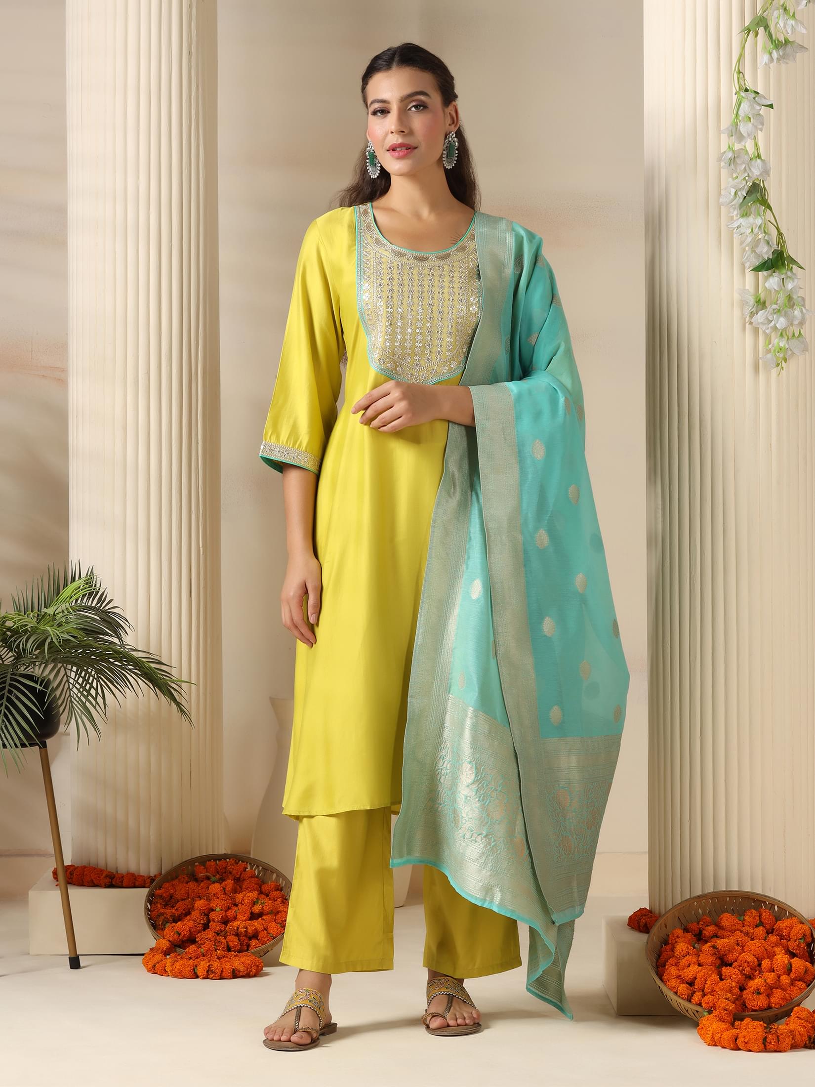 Lemon yellow embroidered Liva fabric kurta elevated with woven jacquard dupatta