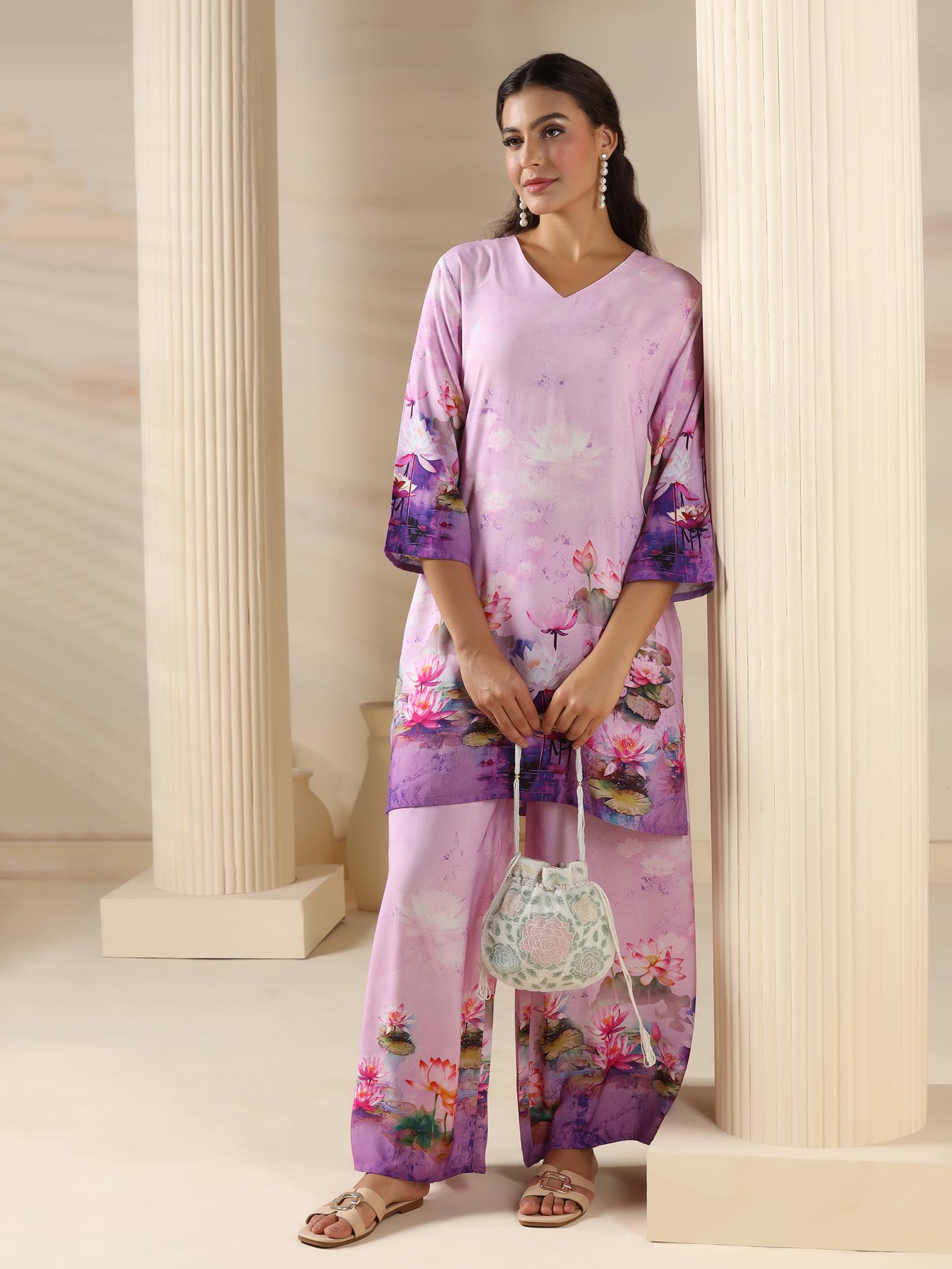 Light lilac fresh floral print Liva fabric matching two piece co-ord set