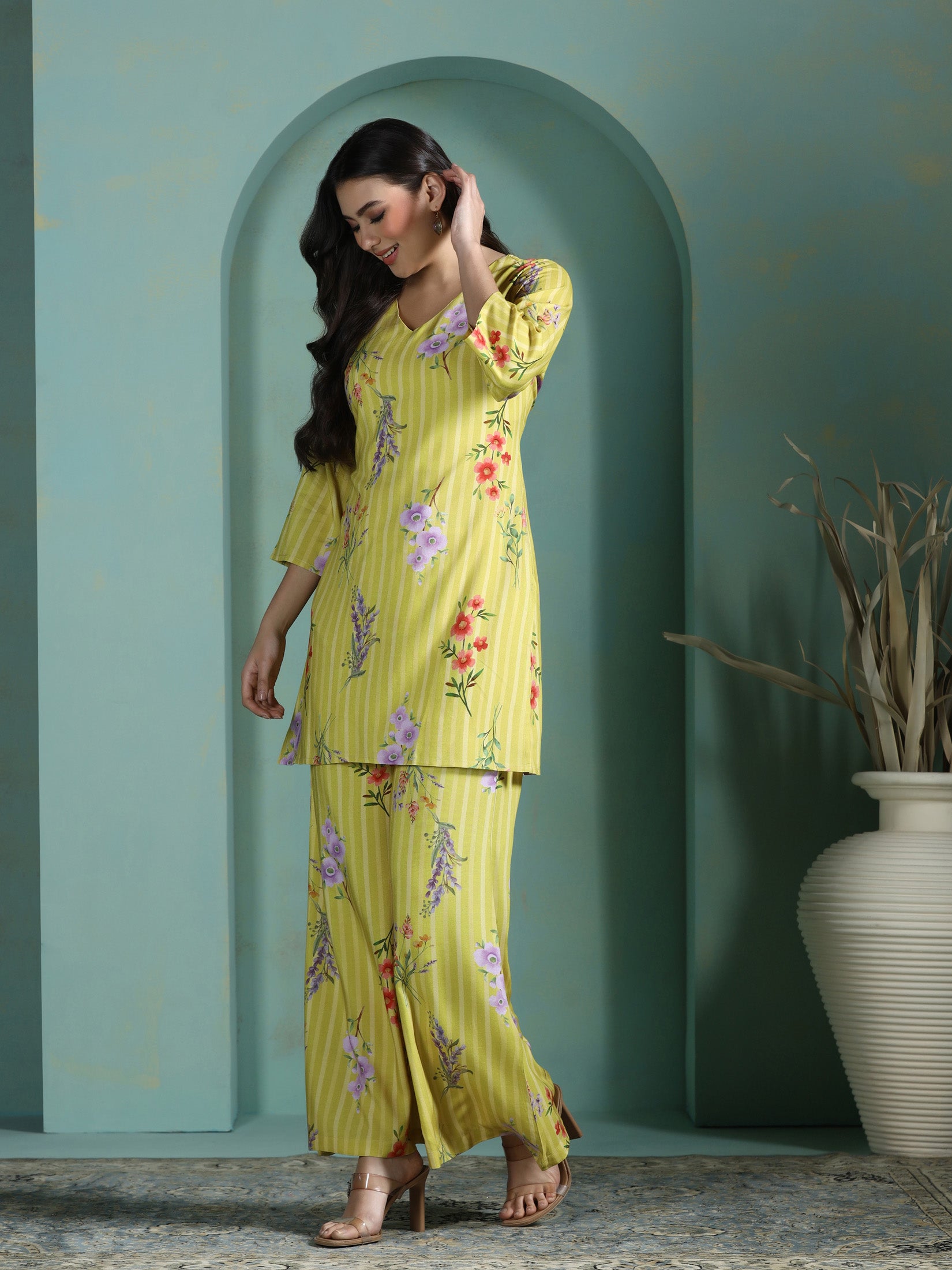 Women Liva Green Floral Print Co-Ord Set