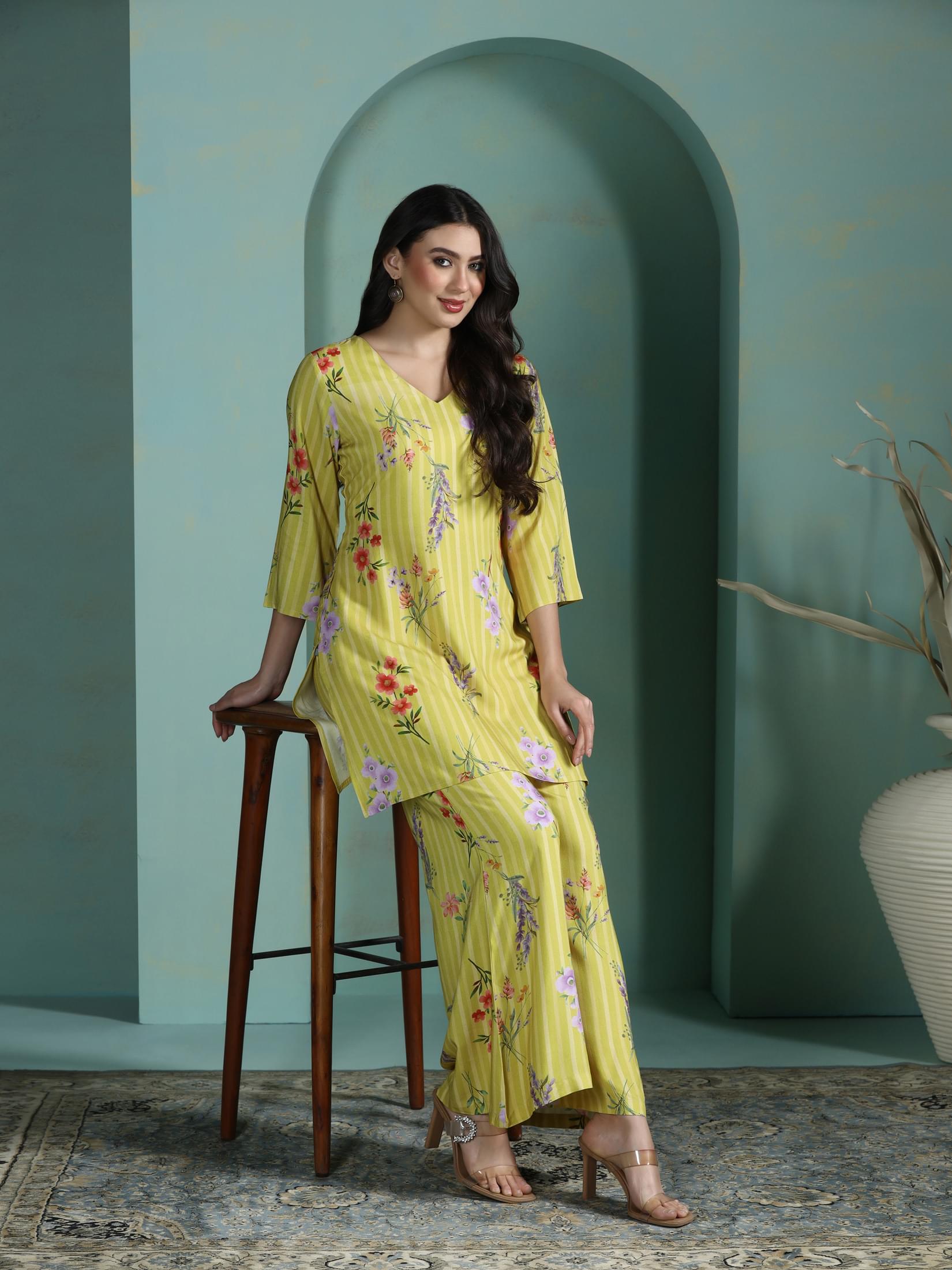 Vibrant green floral print Liva fabric casual lounge style co-ord set