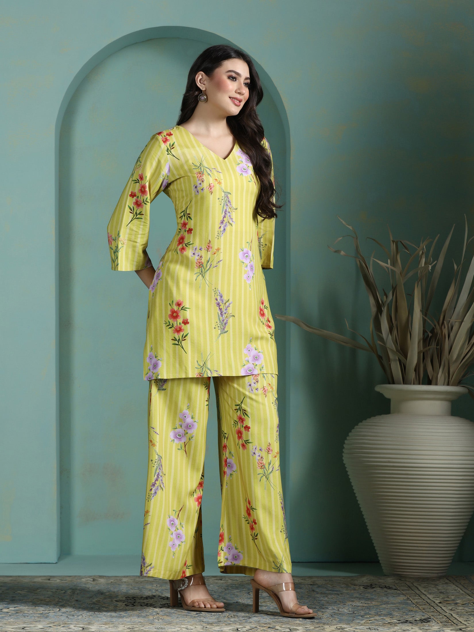 Women Liva Green Floral Print Co-Ord Set