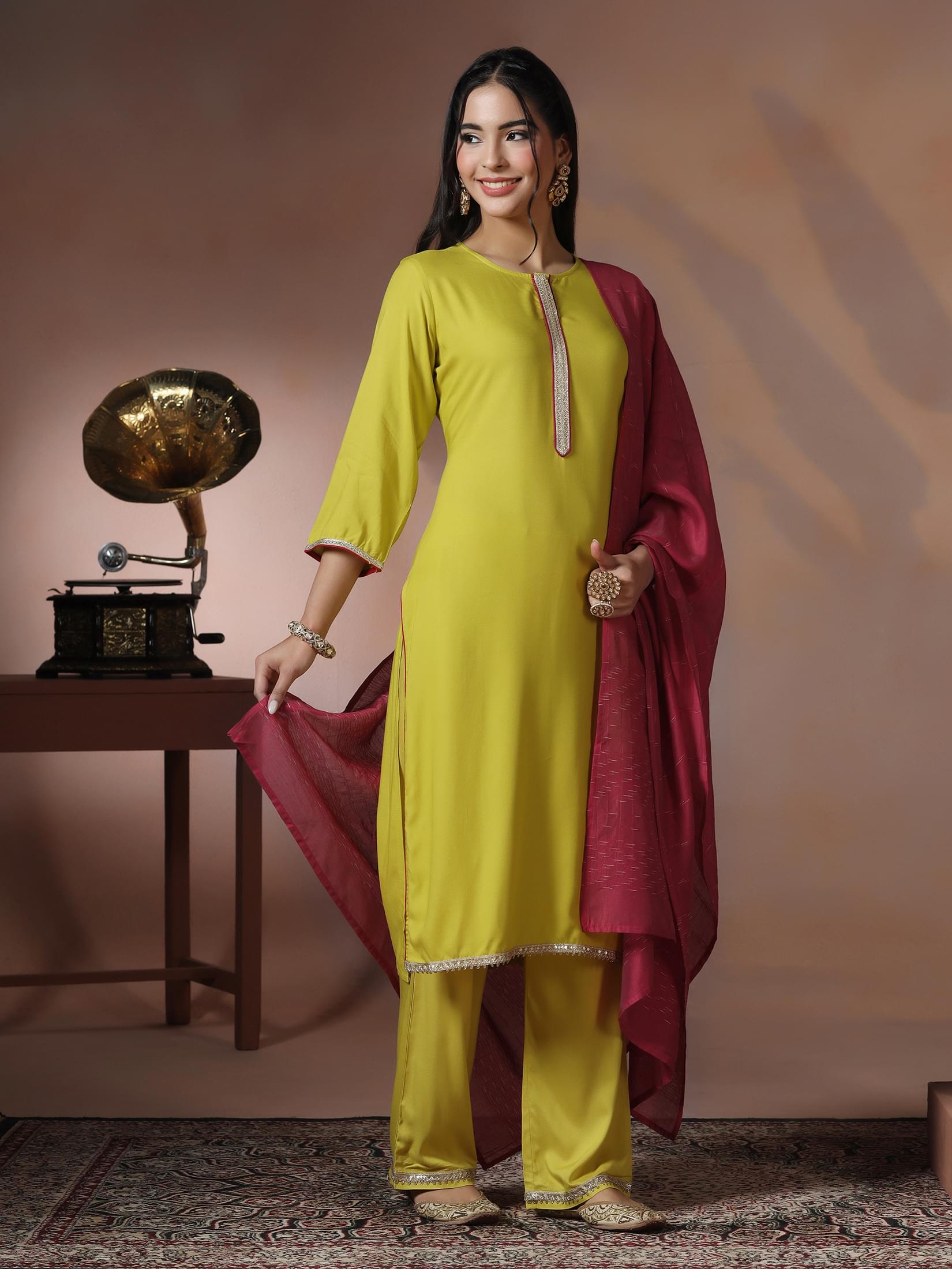 Women Liva Green Solid Kurta Comfort Pant Dupatta.