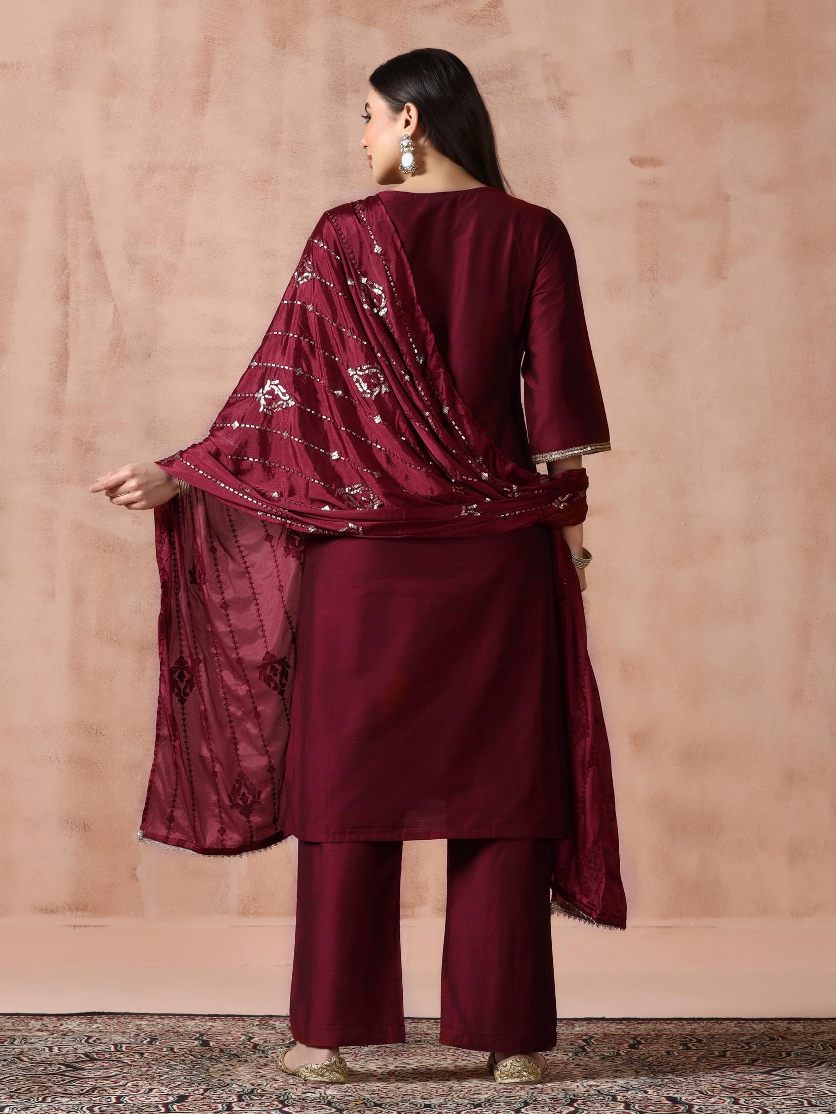 Women Silk Blend Maroon Embroidered Kurta Comfort Pant Dupatta.