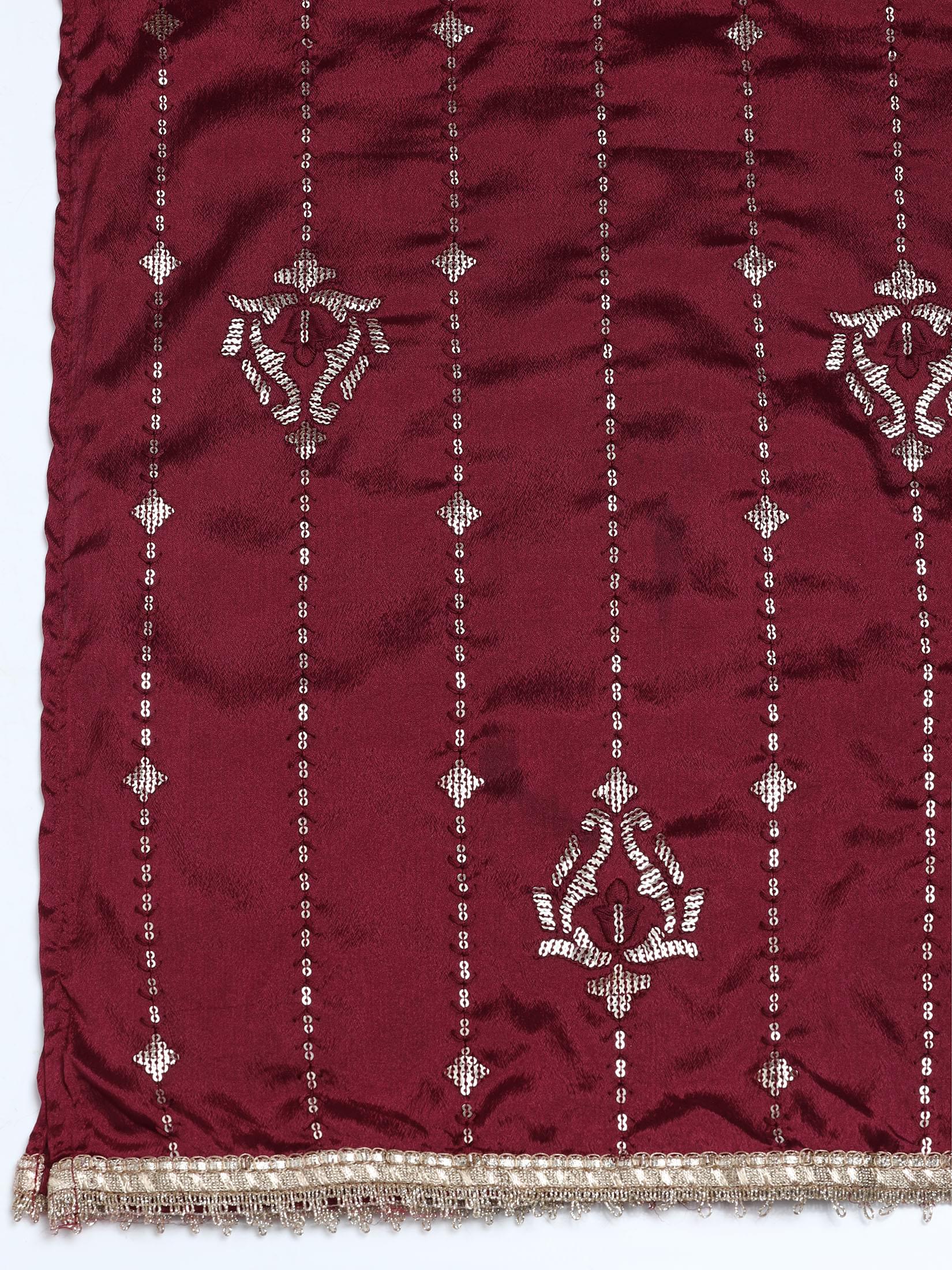 Women Silk Blend Maroon Embroidered Kurta Comfort Pant Dupatta.