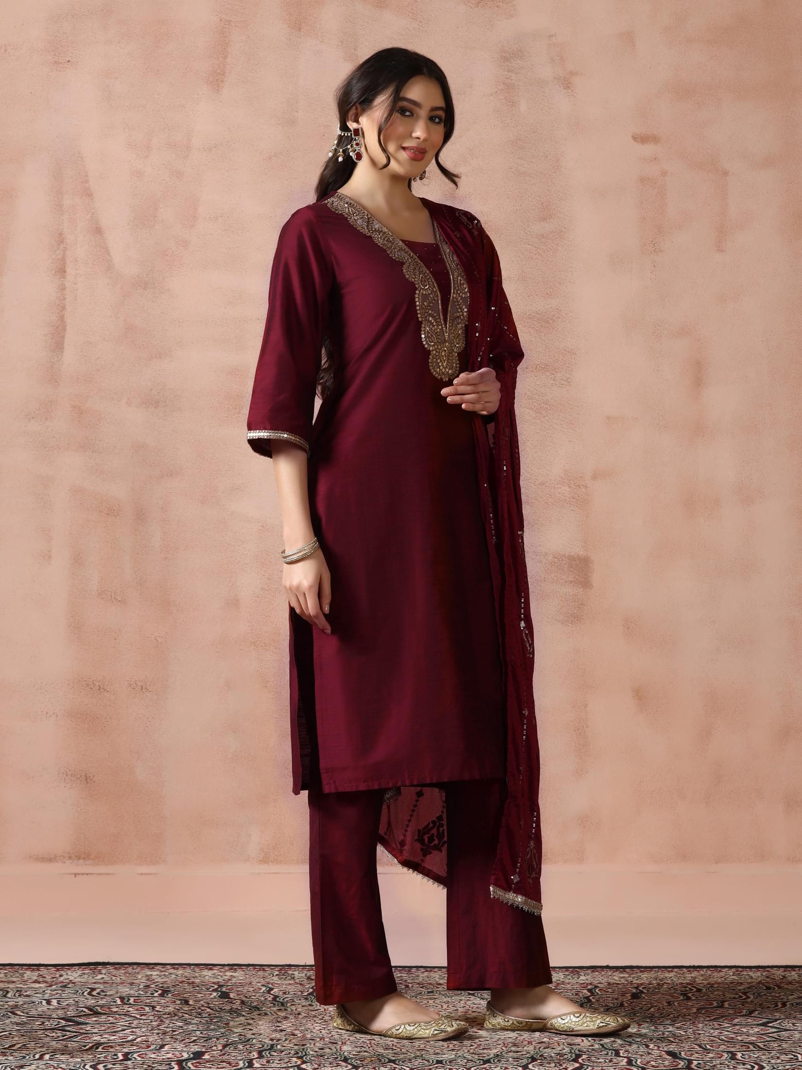 Women Silk Blend Maroon Embroidered Kurta Comfort Pant Dupatta.