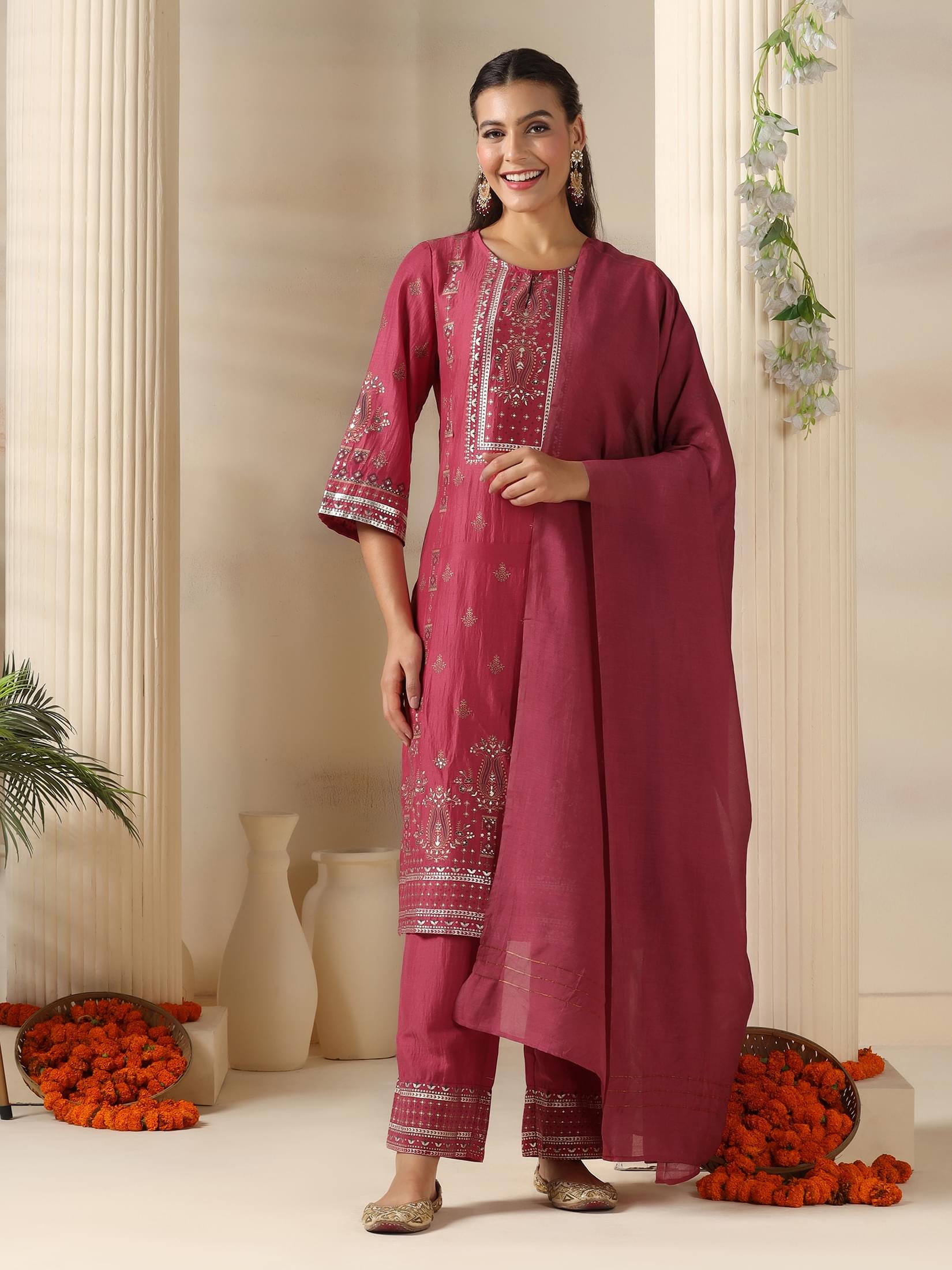 Soft peach floral motif print poly viscose casual wear straight suit set