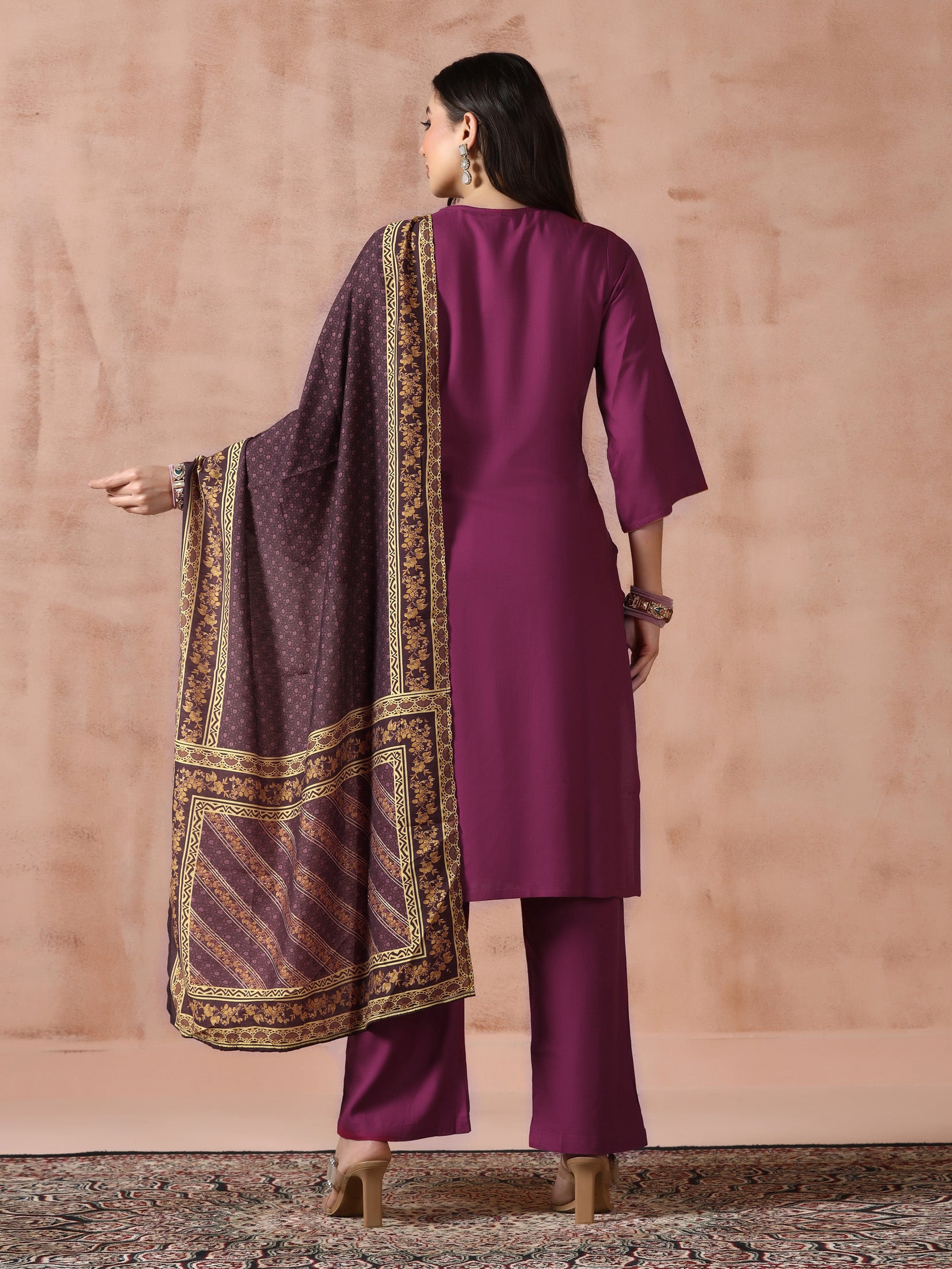 Women Liva Rayon Purple Solid Kurta Comfort Pant with Printed Chanderi Dupatta