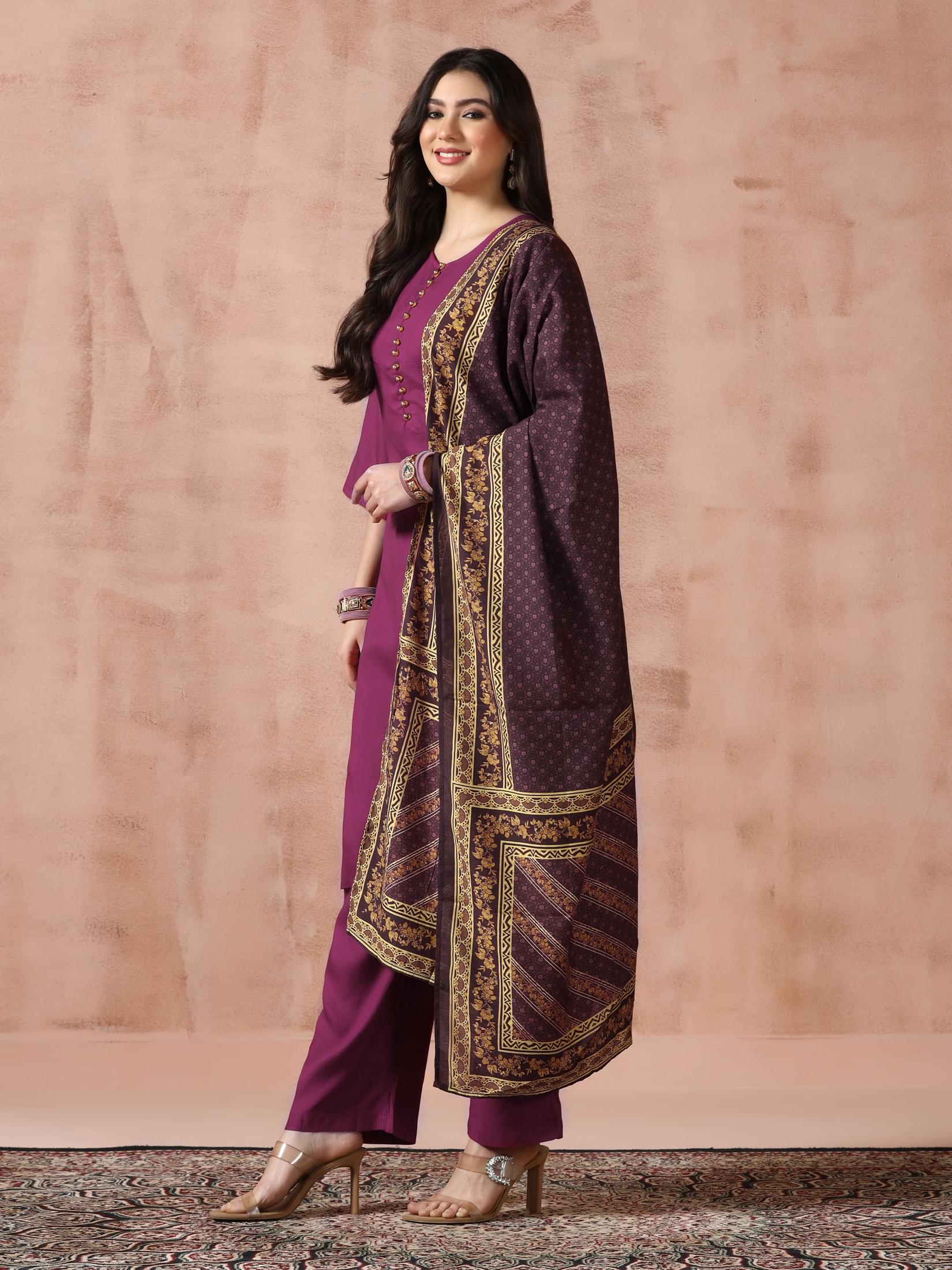 Women Liva Rayon Purple Solid Kurta Comfort Pant with Printed Chanderi Dupatta.