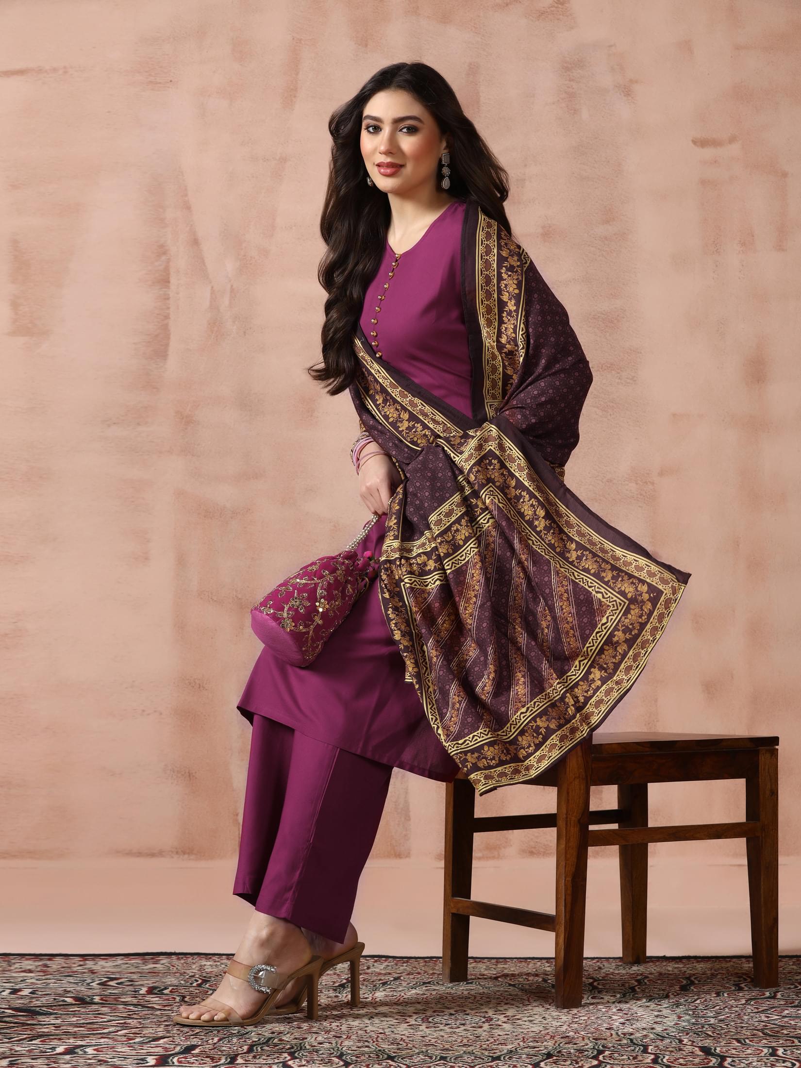 Grape purple solid Liva rayon straight kurta matching pants and Chanderi dupatta