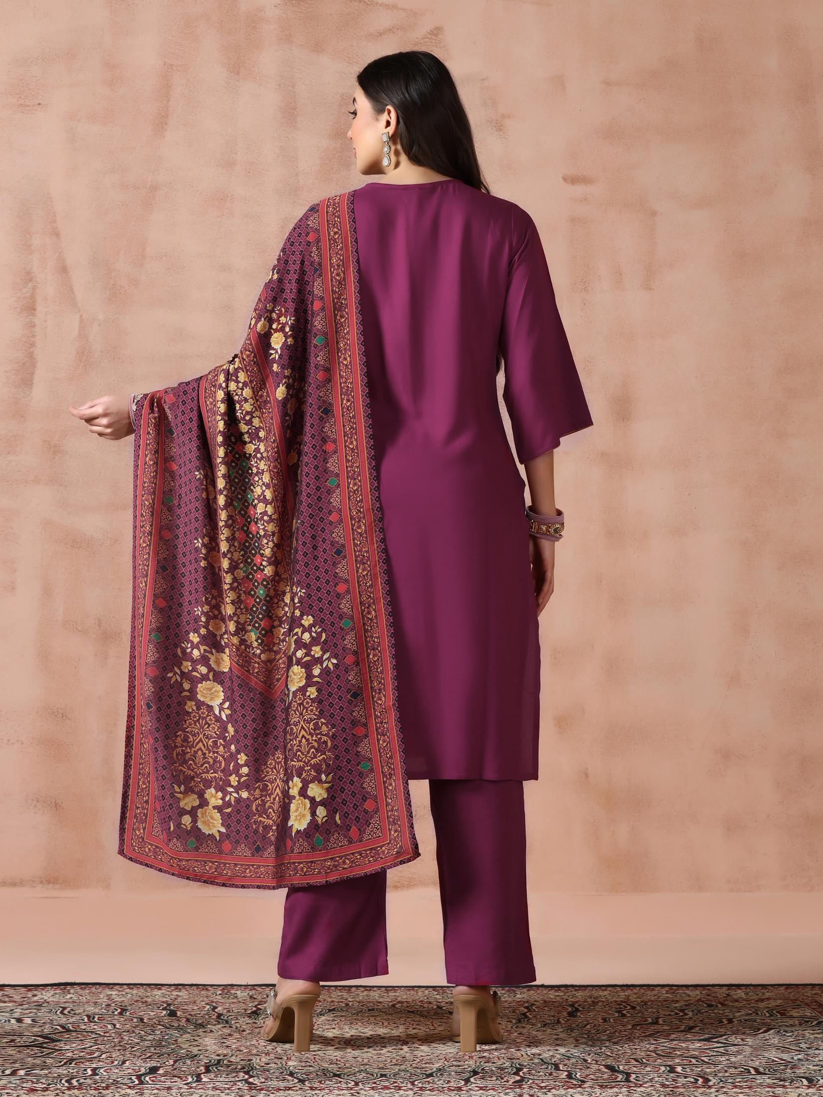Women Liva Purple Solid Kurta Comfort Pant with Printed Chanderi Dupatta.