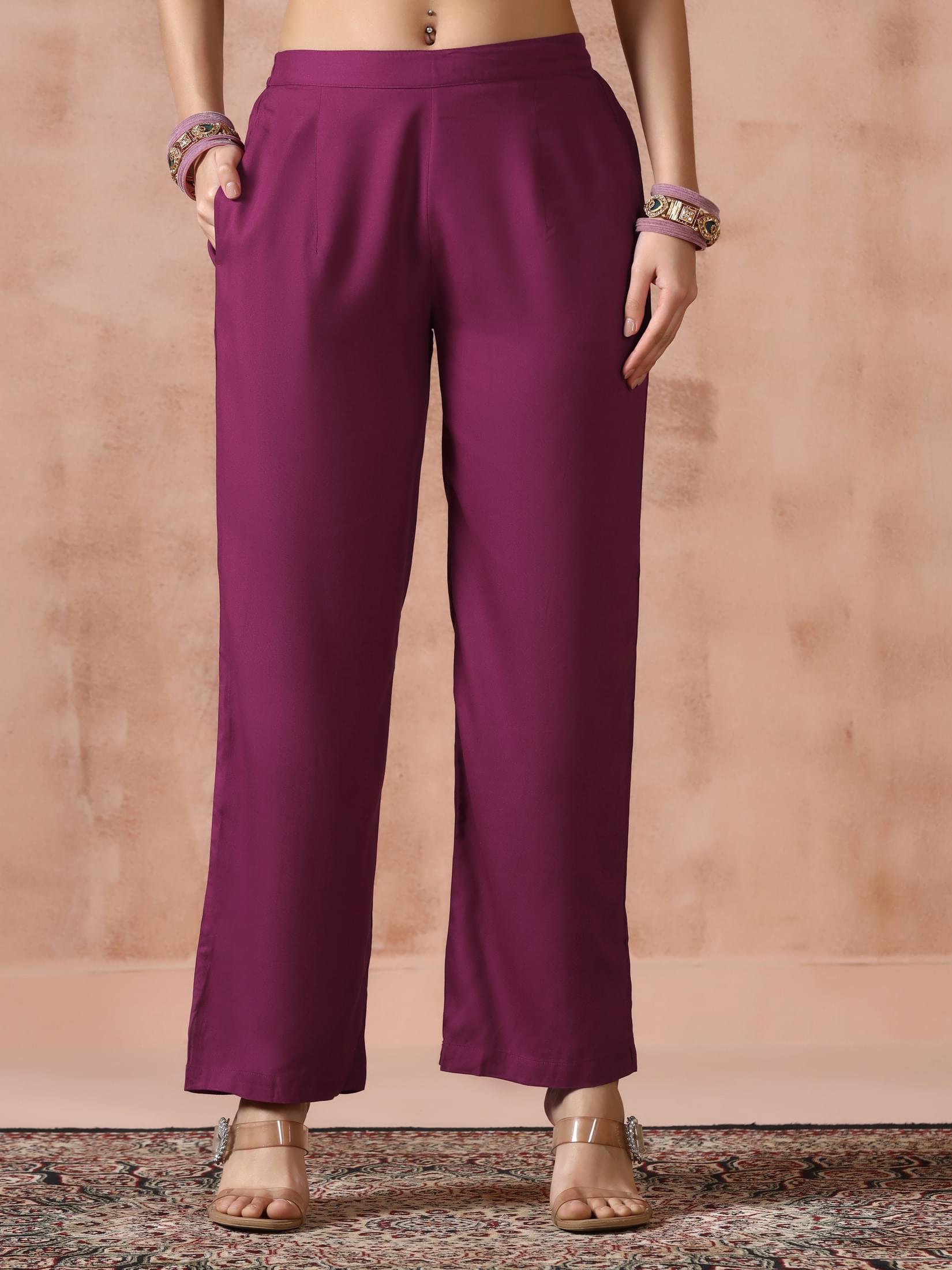 Women Liva Purple Solid Kurta Comfort Pant with Printed Chanderi Dupatta.