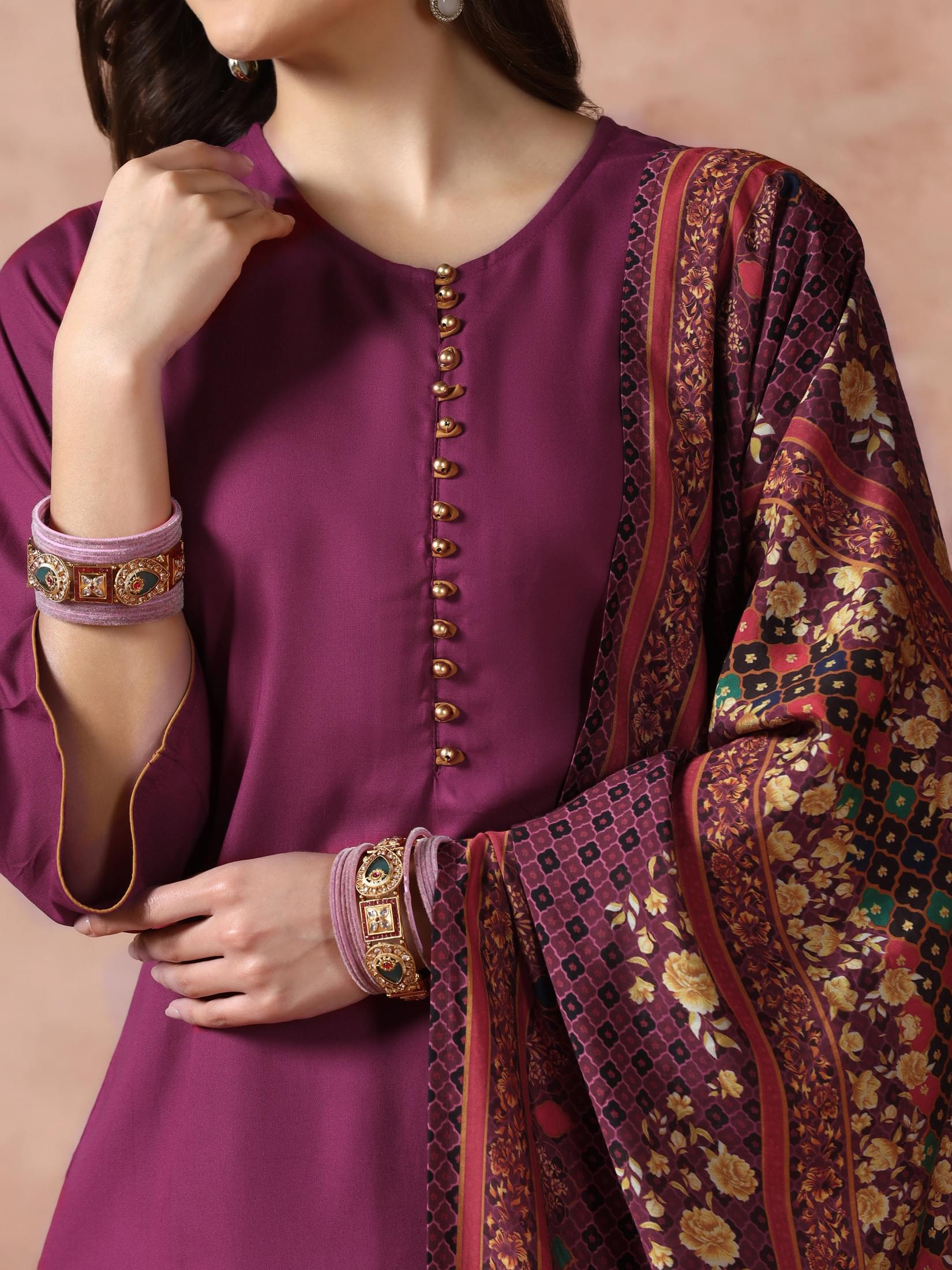 Women Liva Purple Solid Kurta Comfort Pant with Printed Chanderi Dupatta.
