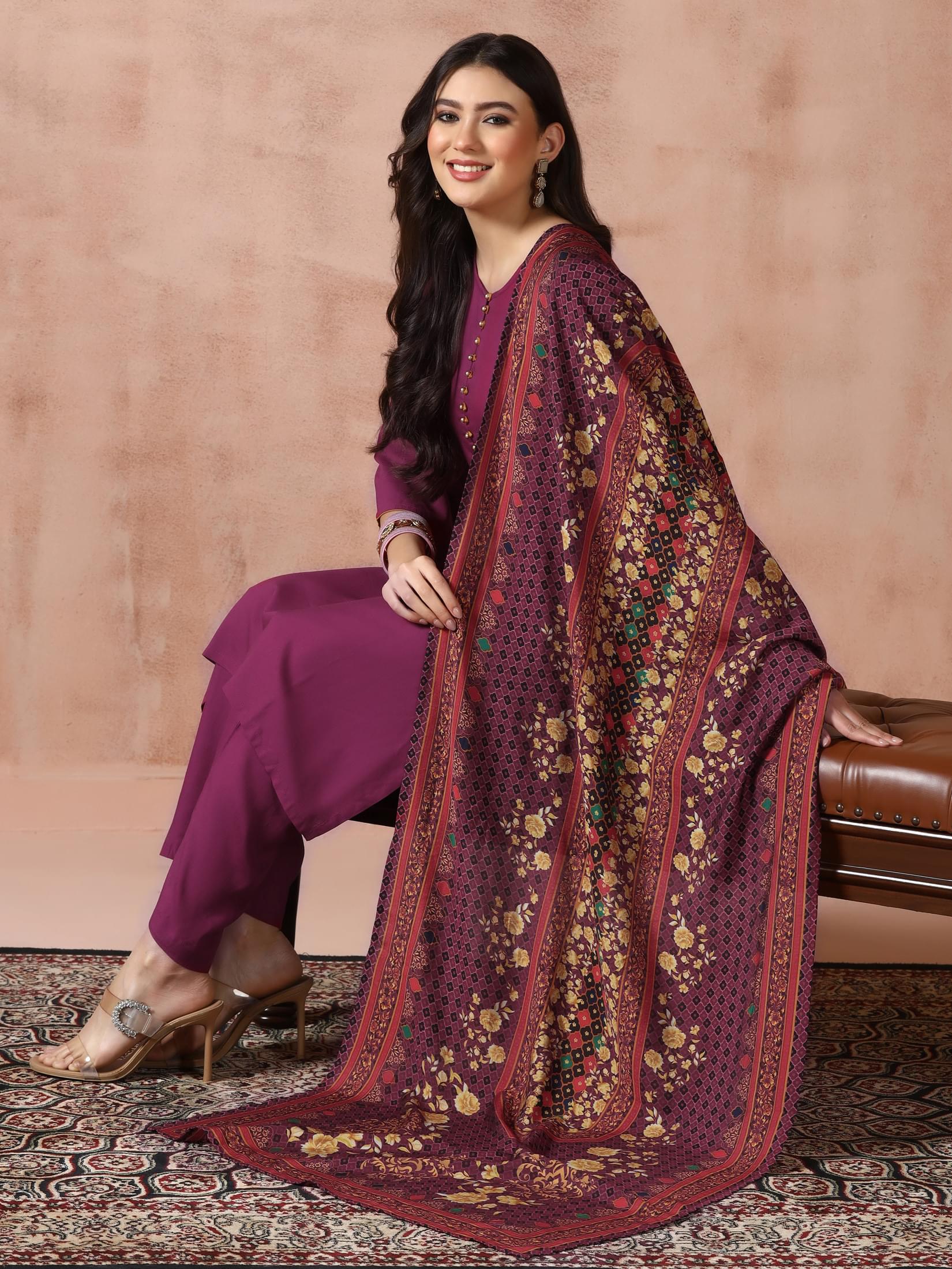 Women Liva Purple Solid Kurta Comfort Pant with Printed Chanderi Dupatta.