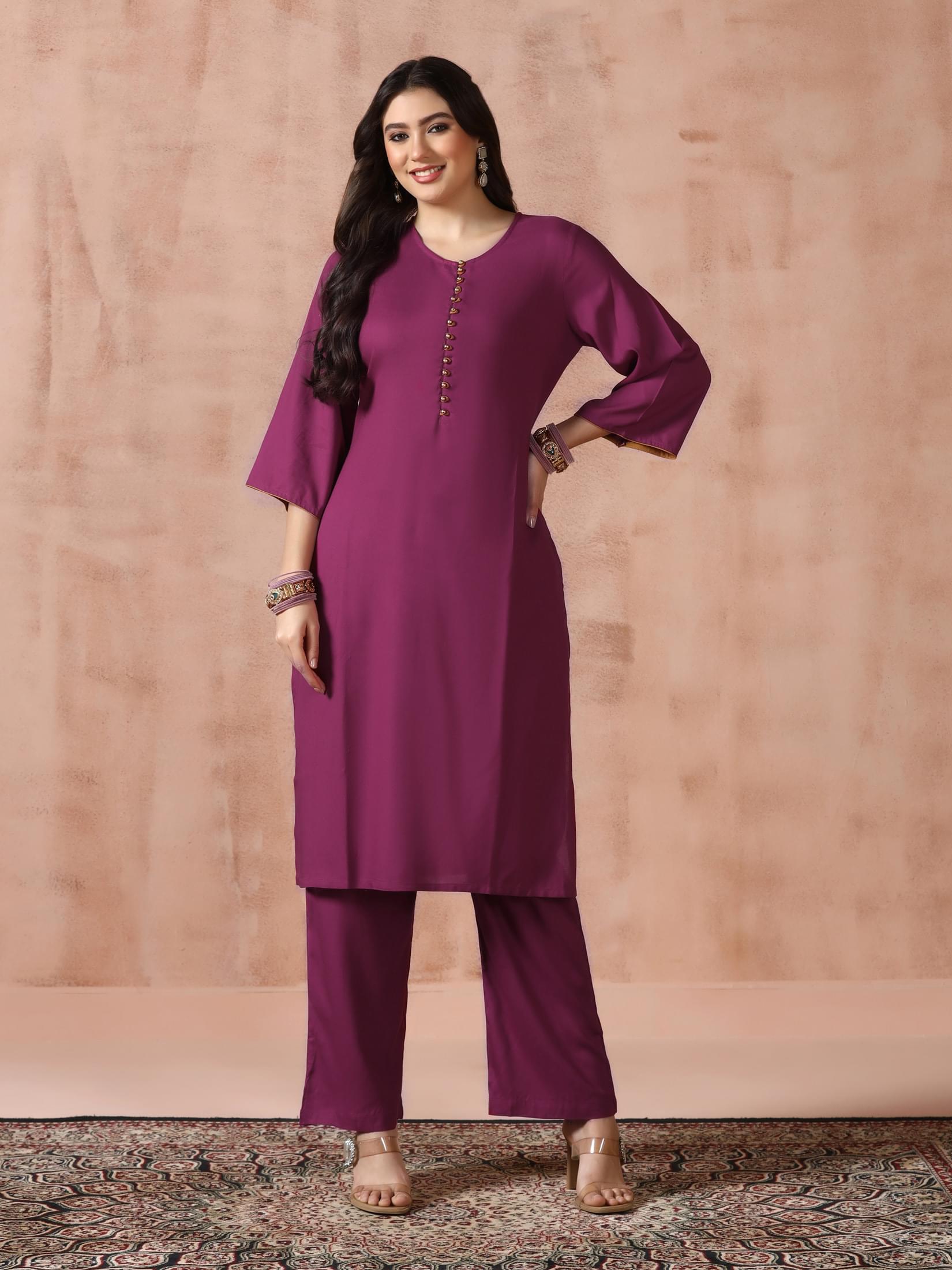 Women Liva Purple Solid Kurta Comfort Pant with Printed Chanderi Dupatta.